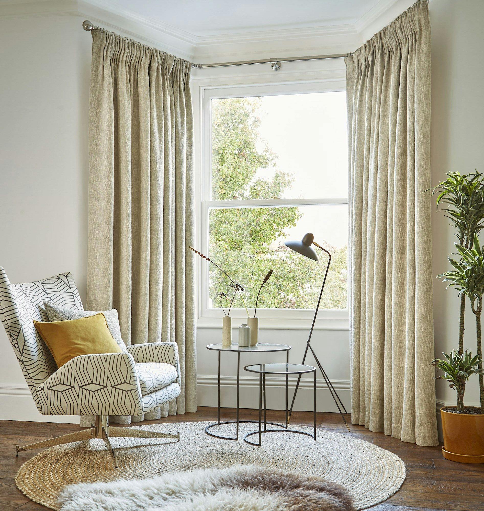 Boheme hemp cream pencil pleat curtains in cosy living space