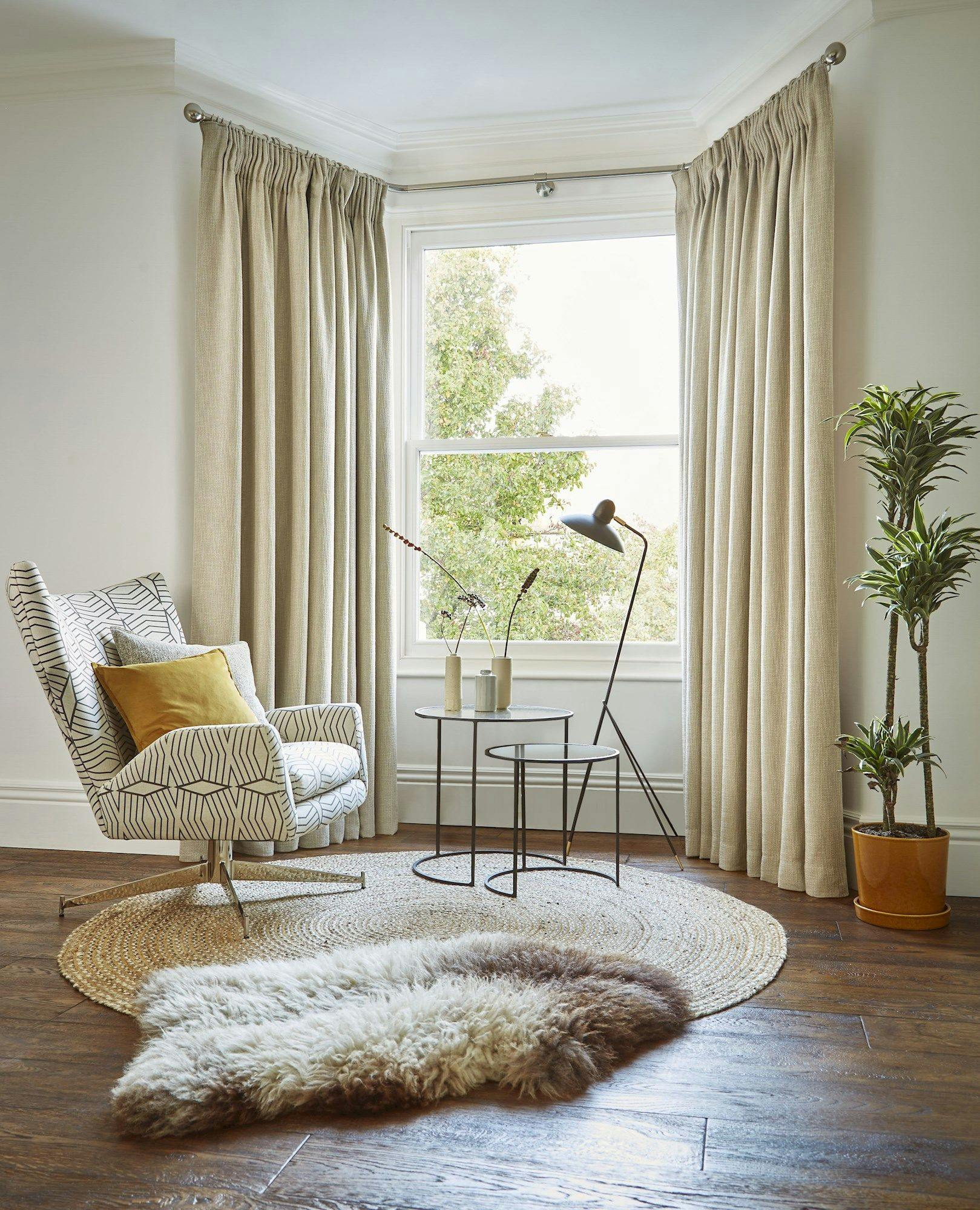 Boheme hemp cream pencil pleat curtains in cosy living space