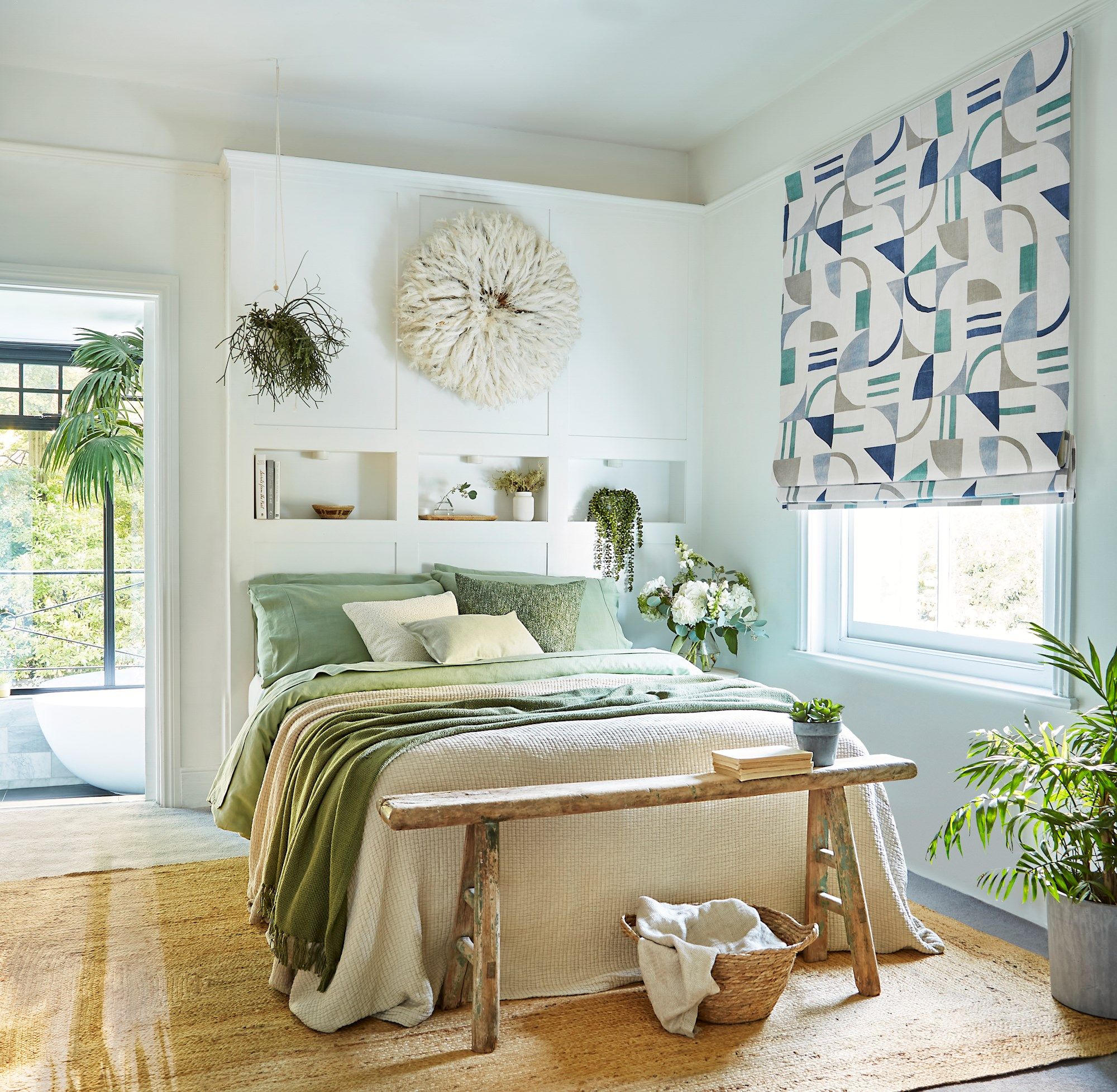 Block ocean geometric roman blind in cosy spring/pastel themed bedroom