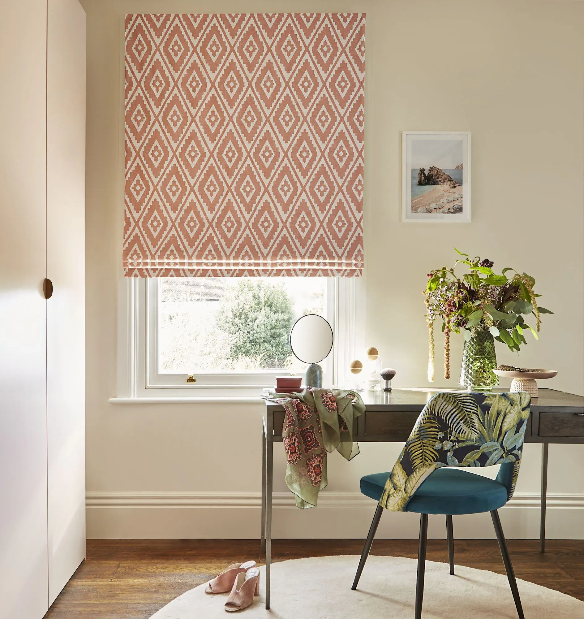 Mali coral geometric roman blinds in home office window