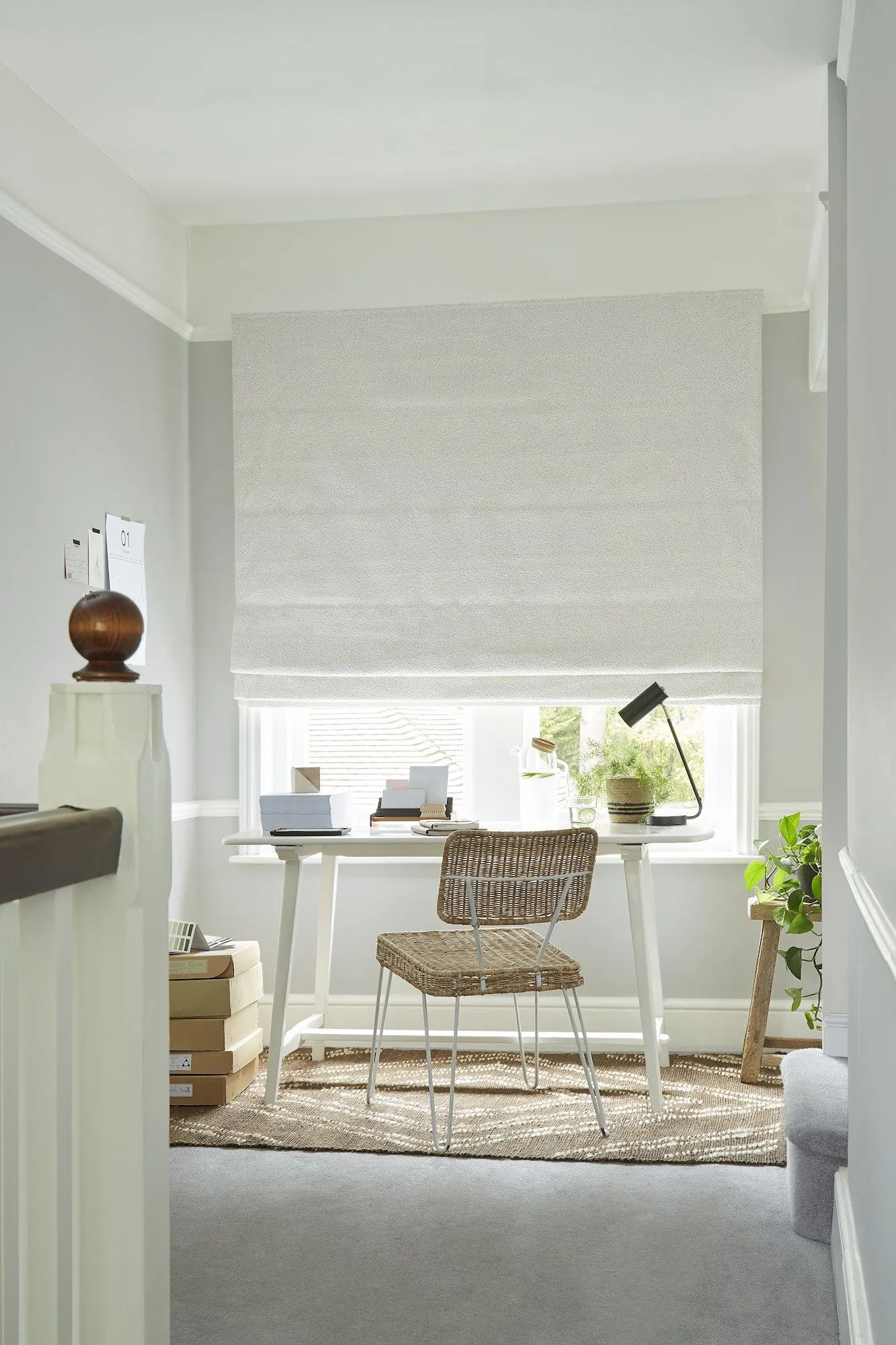 Soho boucle ivory roman blind in home office