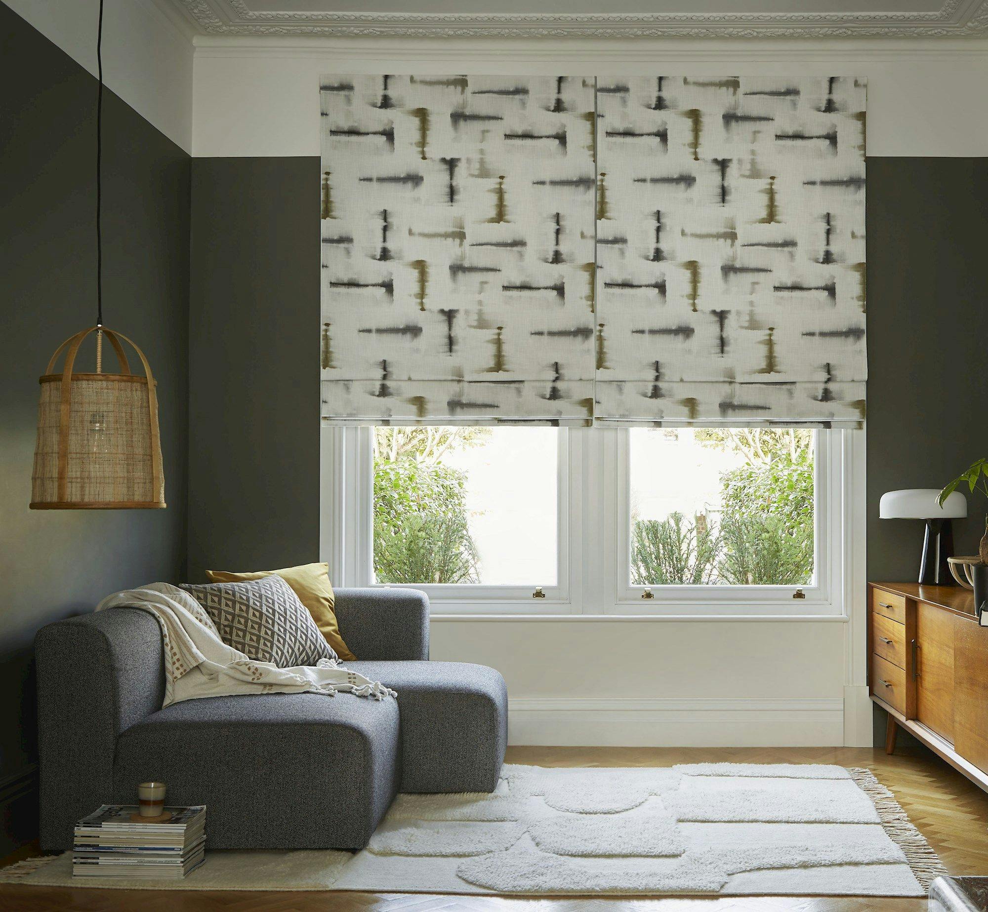 Expression sombre roman blinds in living room window