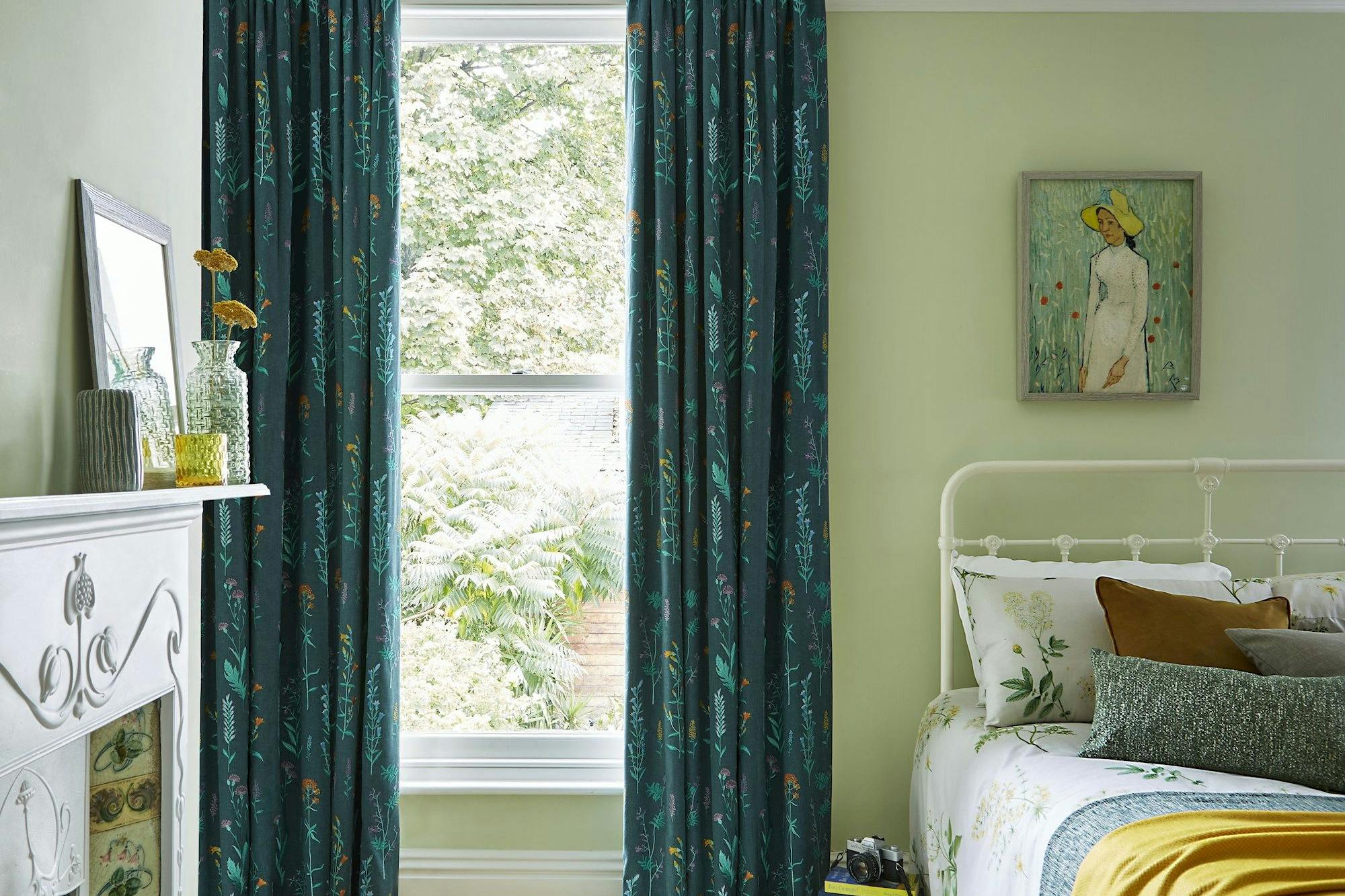 Botanical Bayberry full length pencil pleat curtains in spring/floral themed bedroom