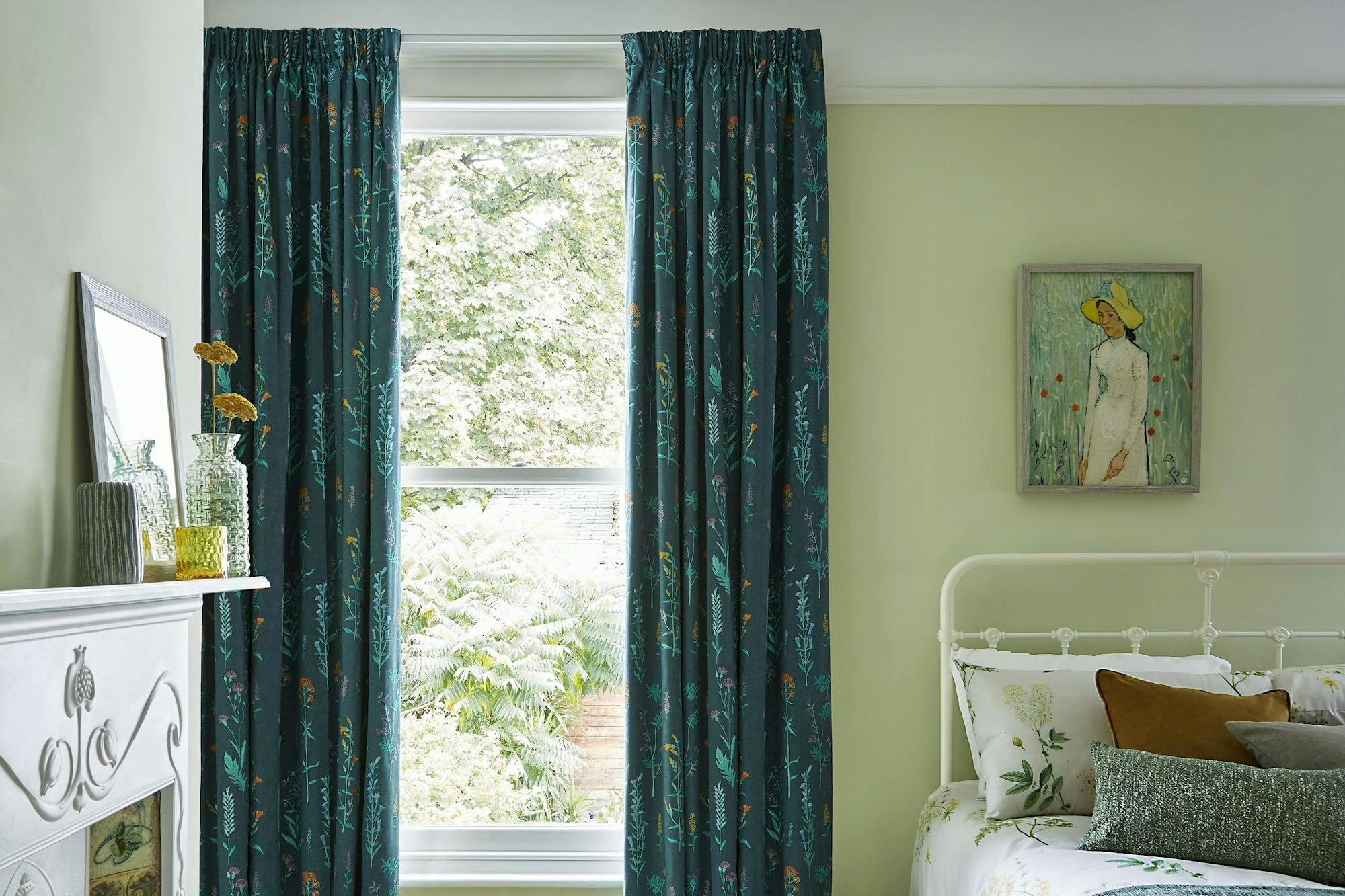 Botanical Bayberry full length pencil pleat curtains in spring/floral themed bedroom