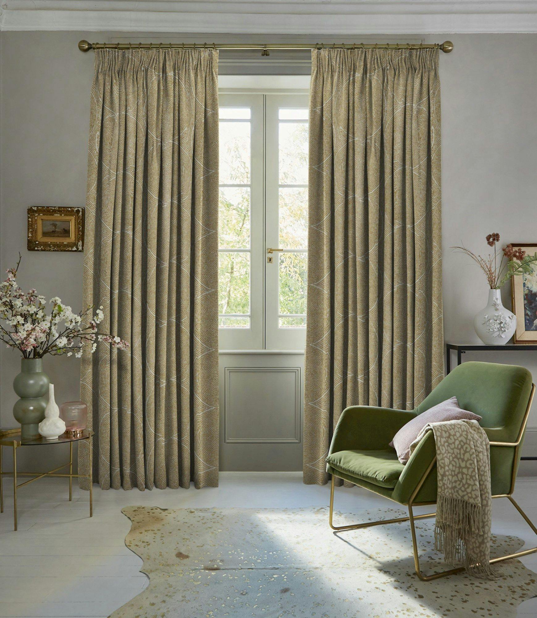Floor length zane sand dune gold curtains in floral themed living room