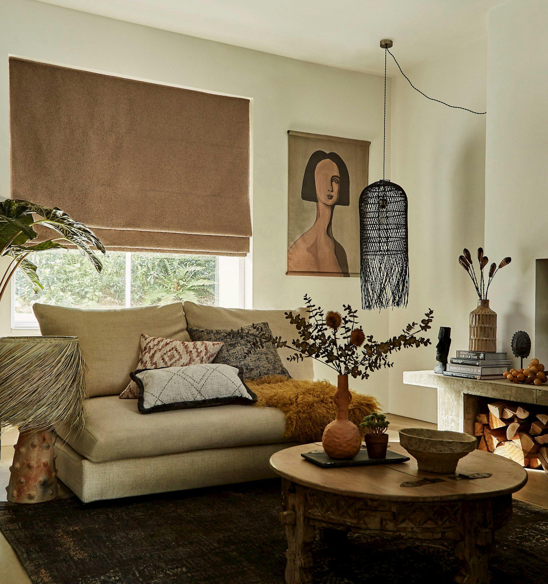 sulby ochre roman blind in modern rustic living room