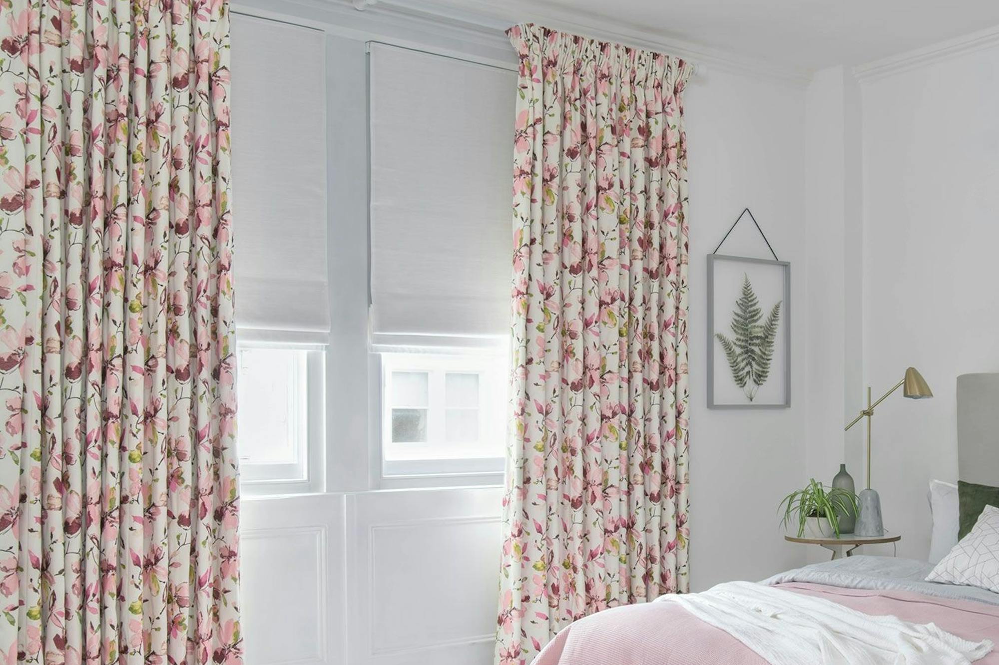 forenza rose curtains with islita white roman on bedroom window