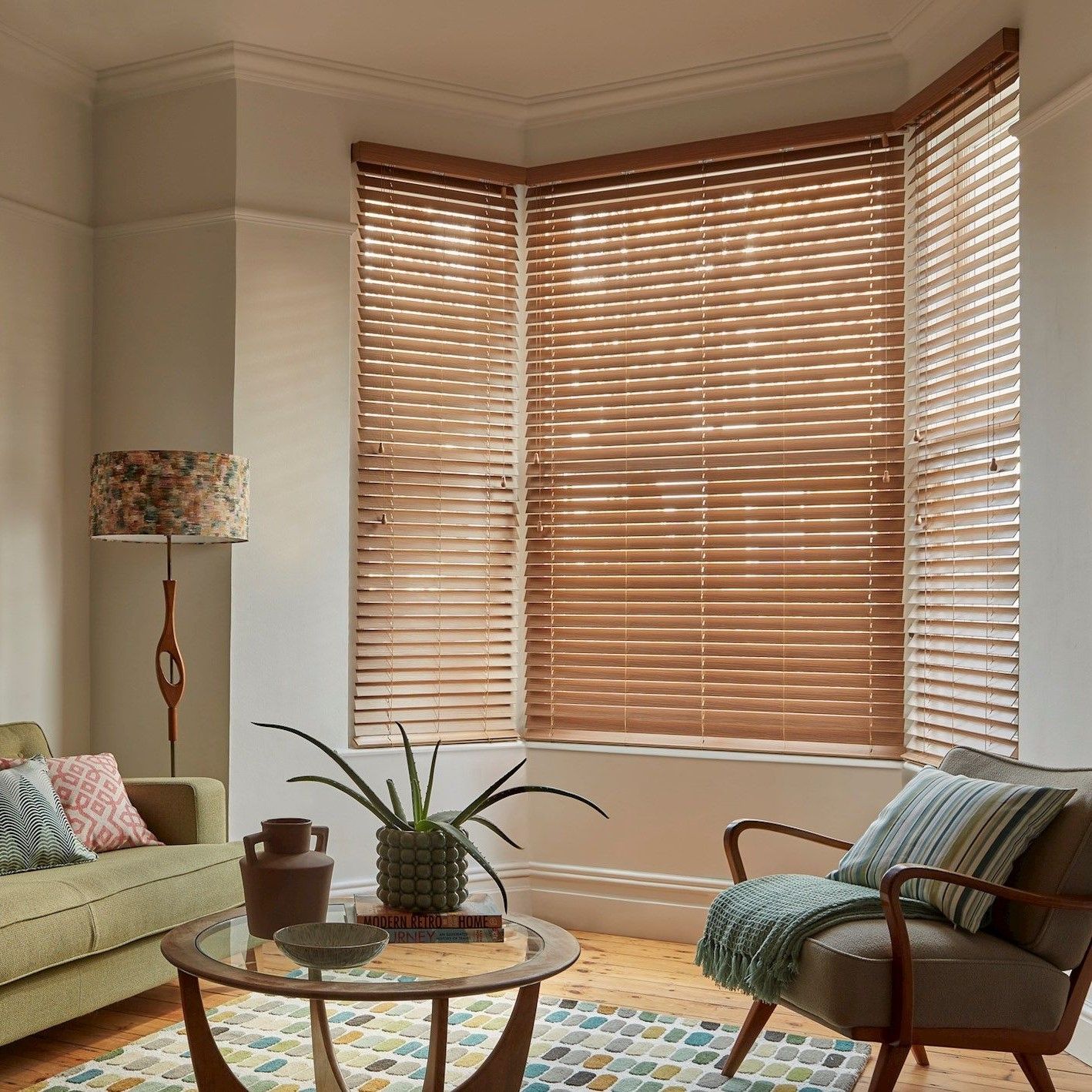 Mirage faux wood rich oak venetian blinds in living room