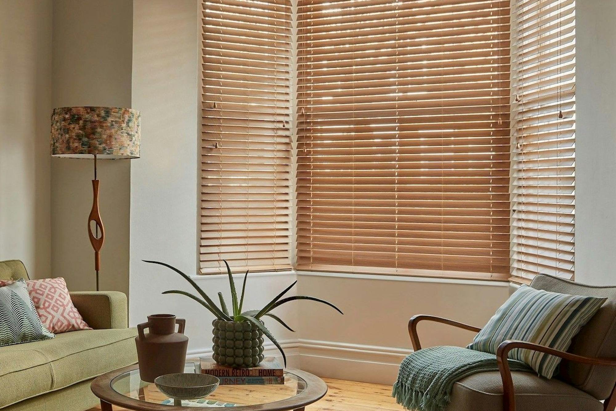 Mirage faux wood rich oak venetian blinds in living room