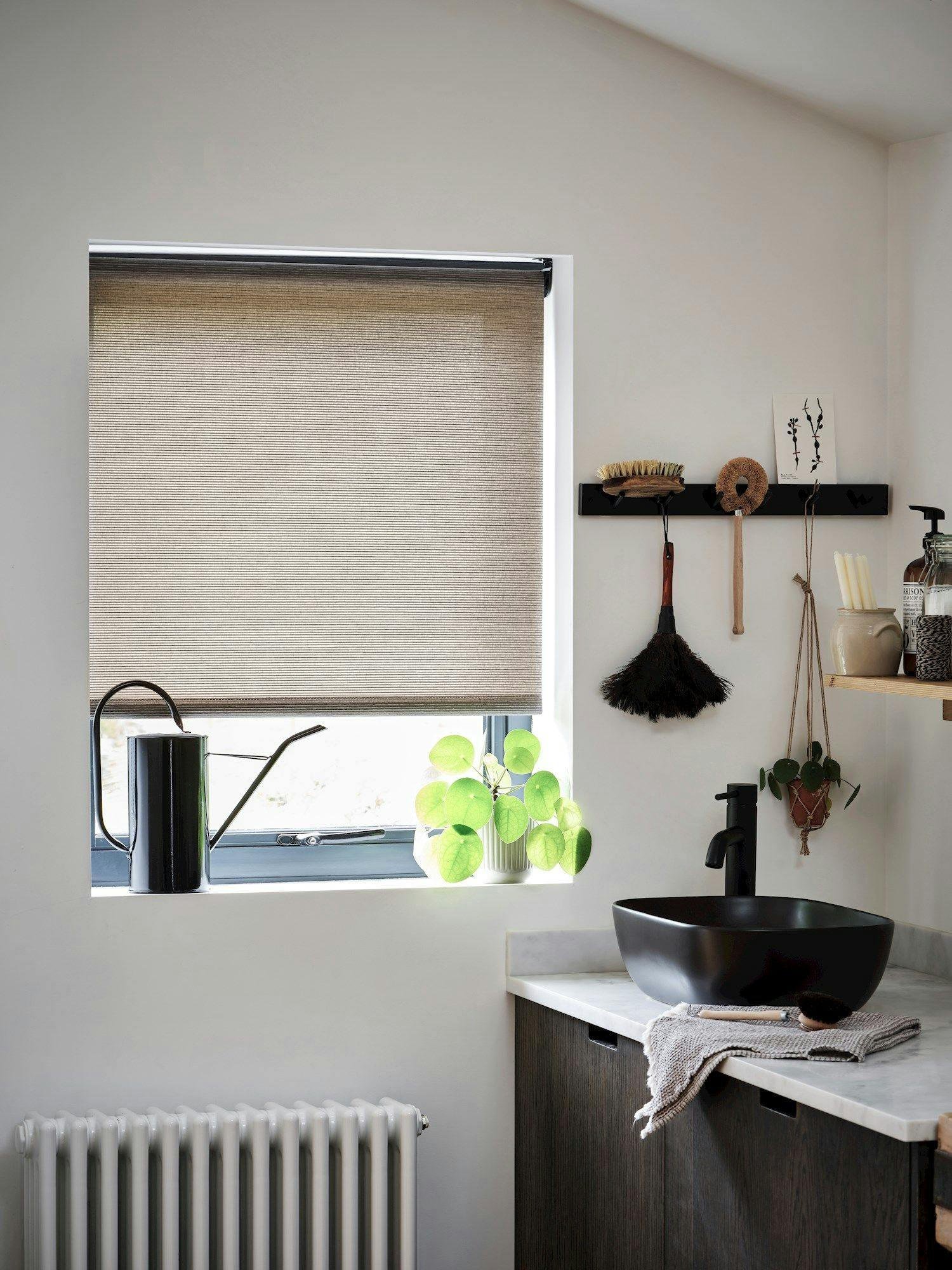 Hickory sand roller blinds in contemporary kitchen