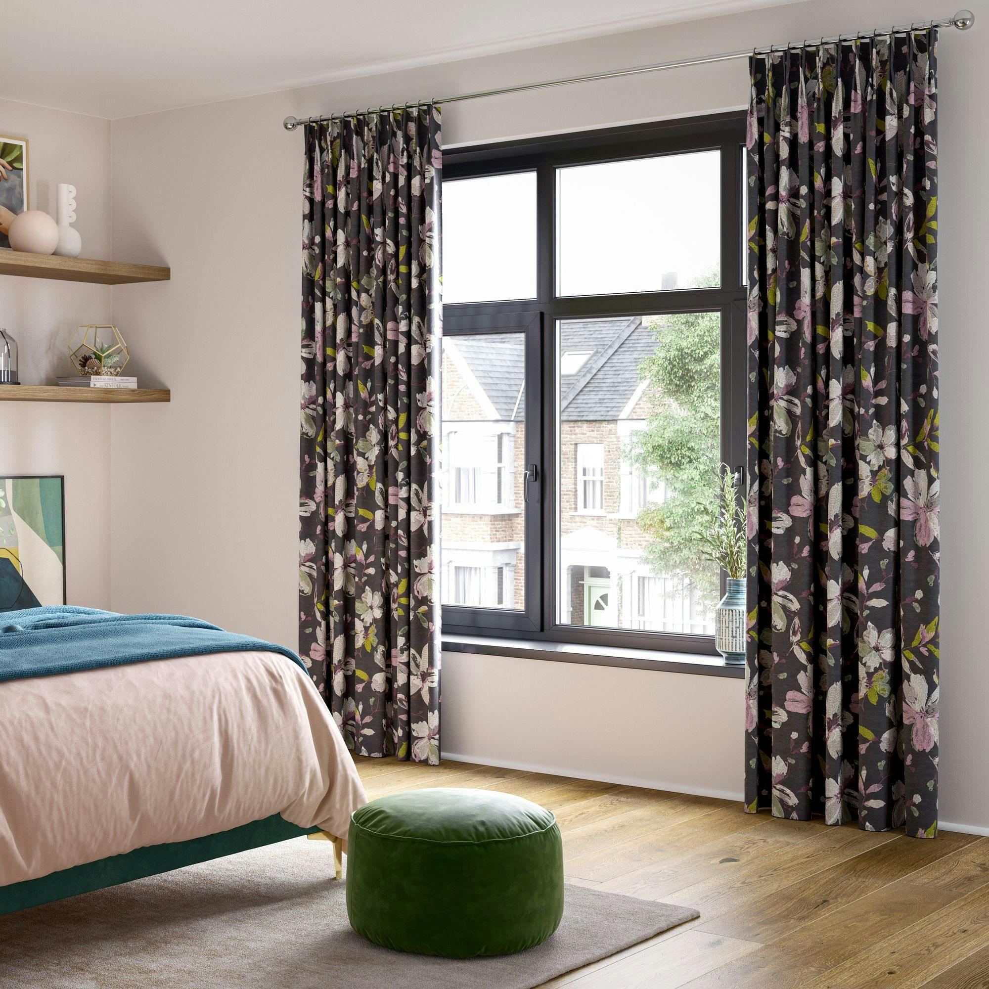 forenza midnight floor length pinch pleat curtains in cosy pastel bedroom