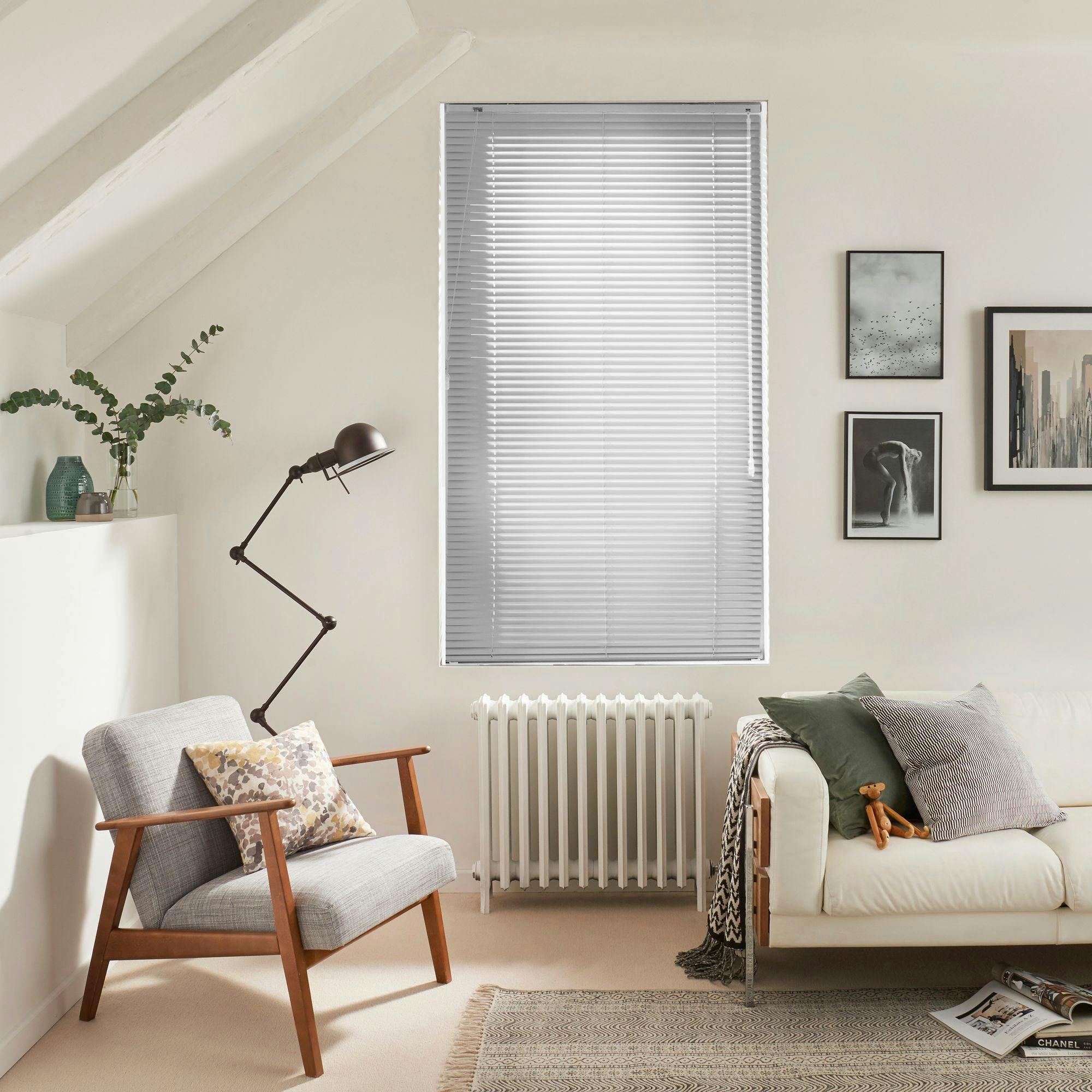 Dusty Grey metal venetian blinds in minimalist living room
