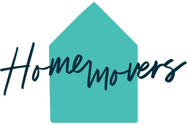 A teal house icon with the word "Home movers" written in a cursive font across it, suggesting a moving service or related concept.