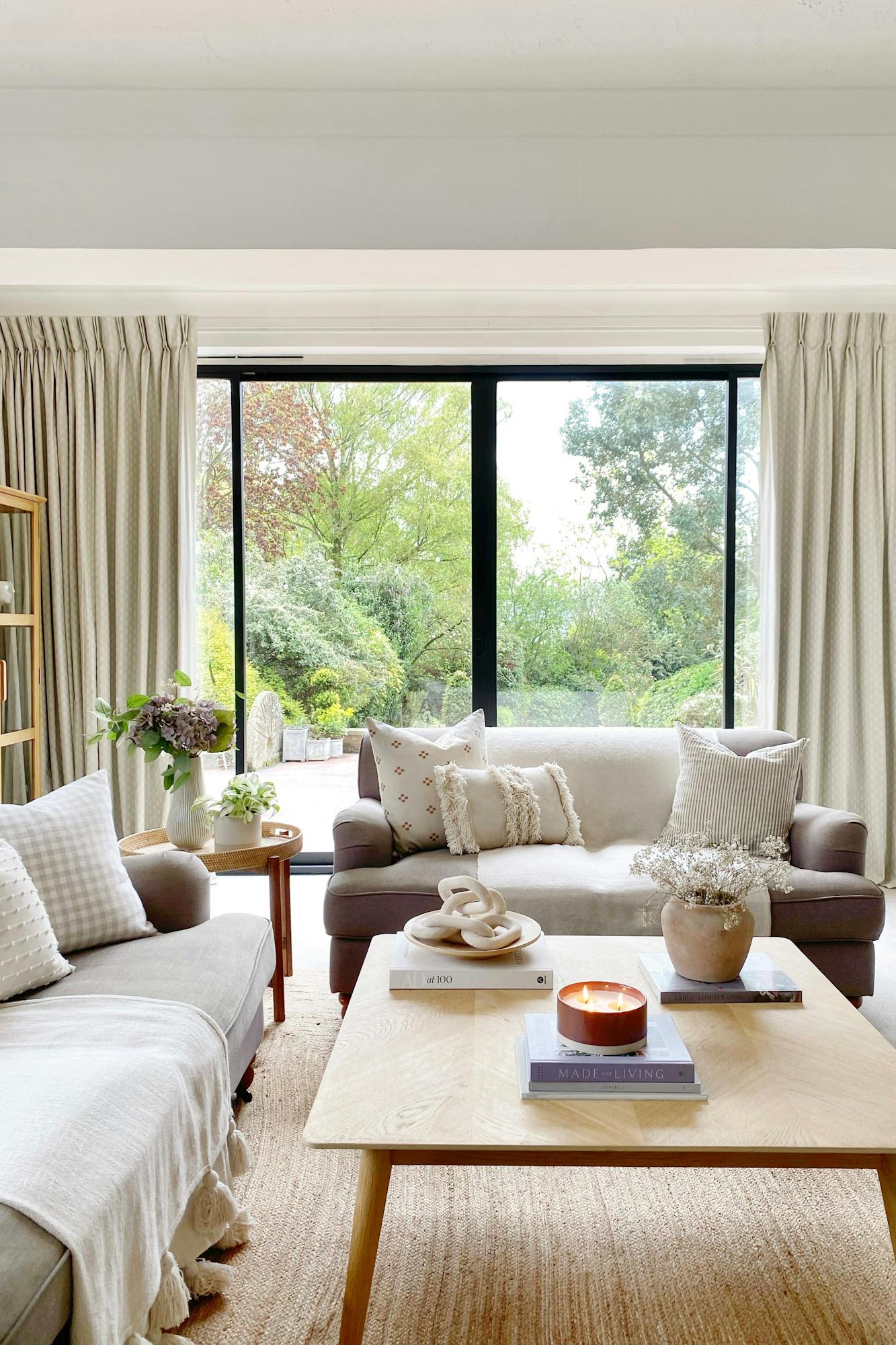 layla stone floor length curtains on large patio doors in beige themed living room