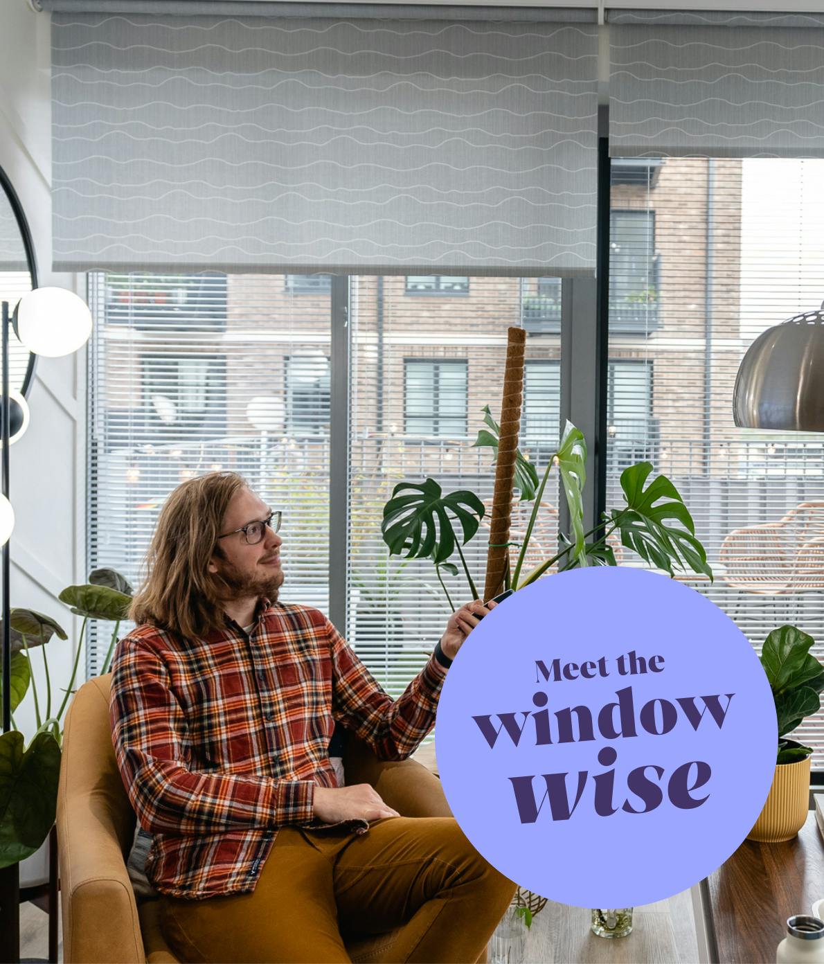 A person, seated on a sofa, looks at plants near large windows with exterior cityscape visible. Text reads, "Meet the window wise," in a large circle in the foreground.