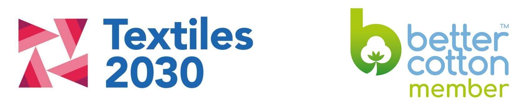 Logos side by side feature geometric shapes with overlapping triangles alongside blue text "Textiles 2030," and a green stylized "b" with "better cotton member" written in blue and green.