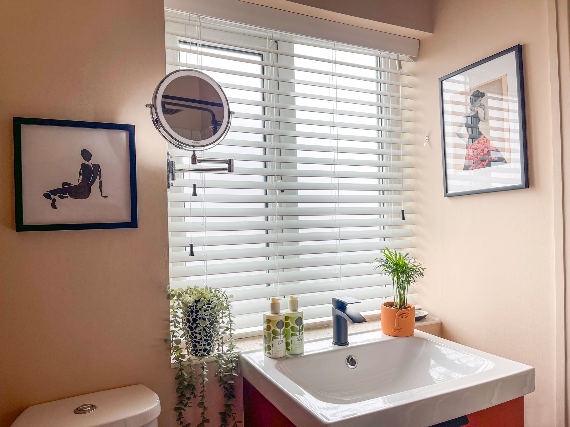A bathroom features a white sink with a black faucet, surrounded by a small plant and soap. Nearby, two framed art pieces hang above a toilet. White blinds cover the window.
