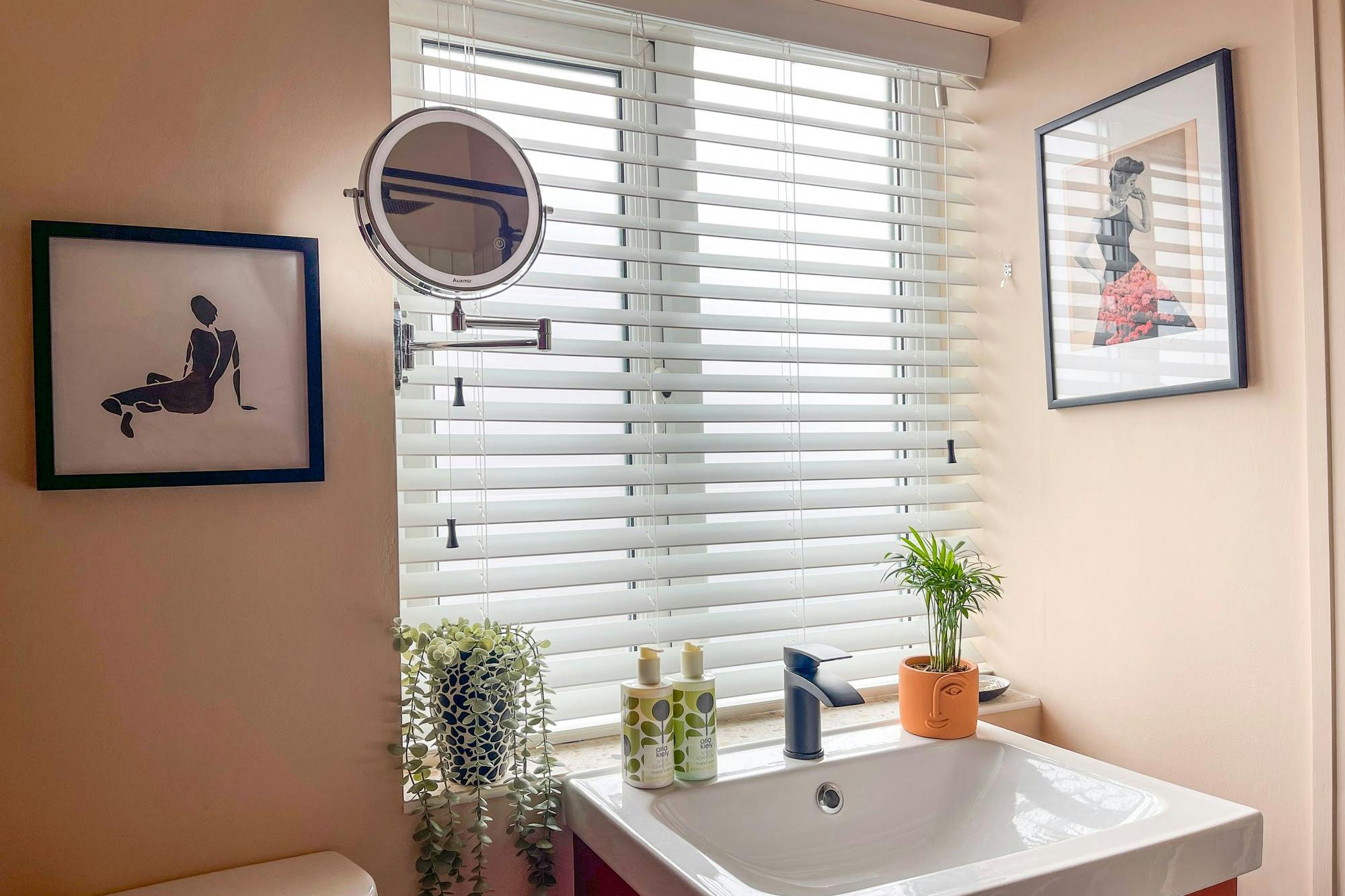 A bathroom features a white sink with a black faucet, surrounded by a small plant and soap. Nearby, two framed art pieces hang above a toilet. White blinds cover the window.