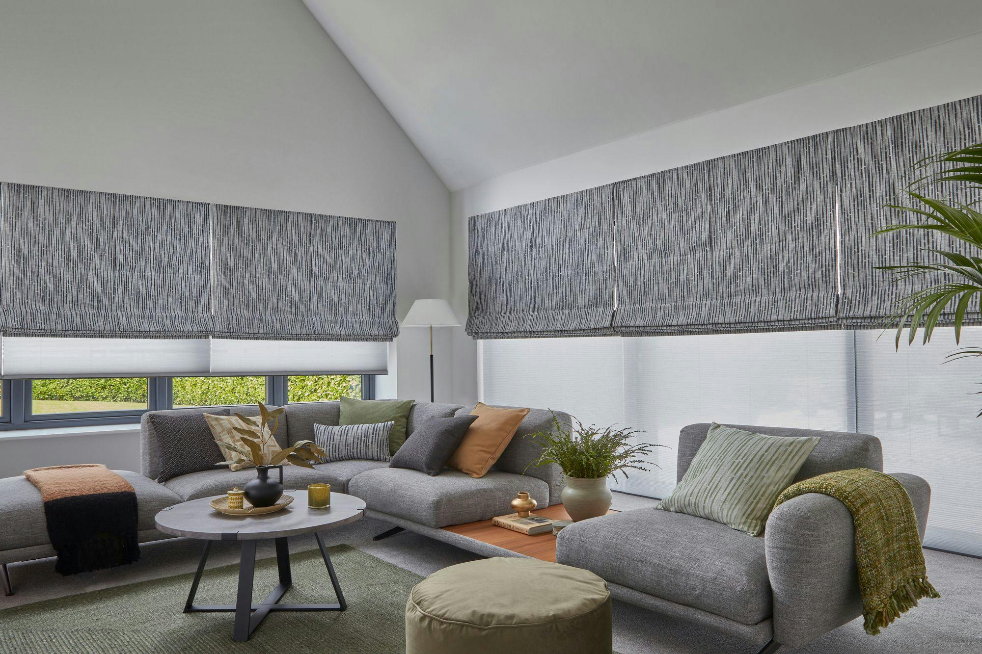 Hillarys Motorised Roman Blinds Azalea nightshadow in the living room