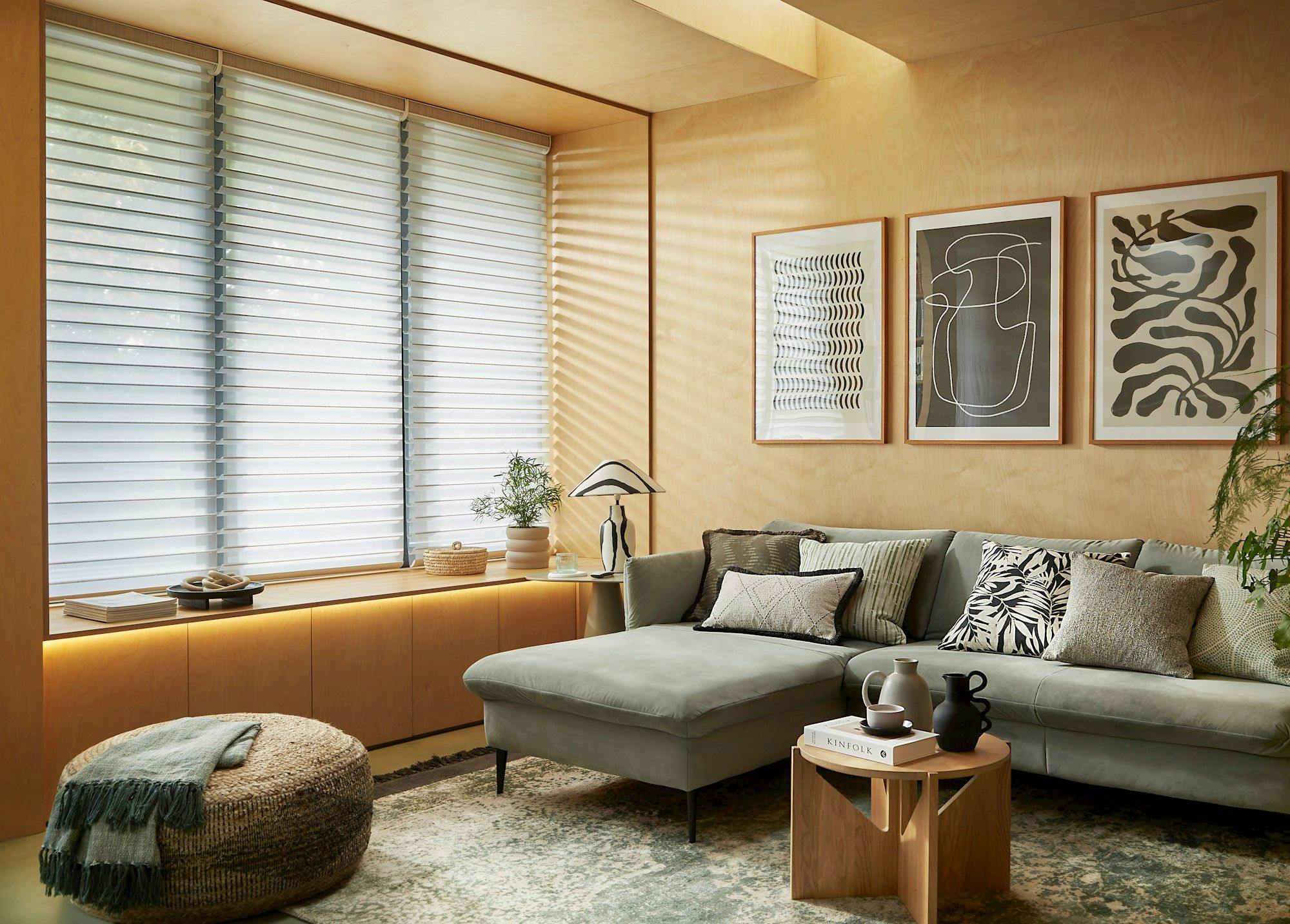 Hillarys Privacy Sheers Triple Shade Whisper Light Grey Blinds placed in the living Room