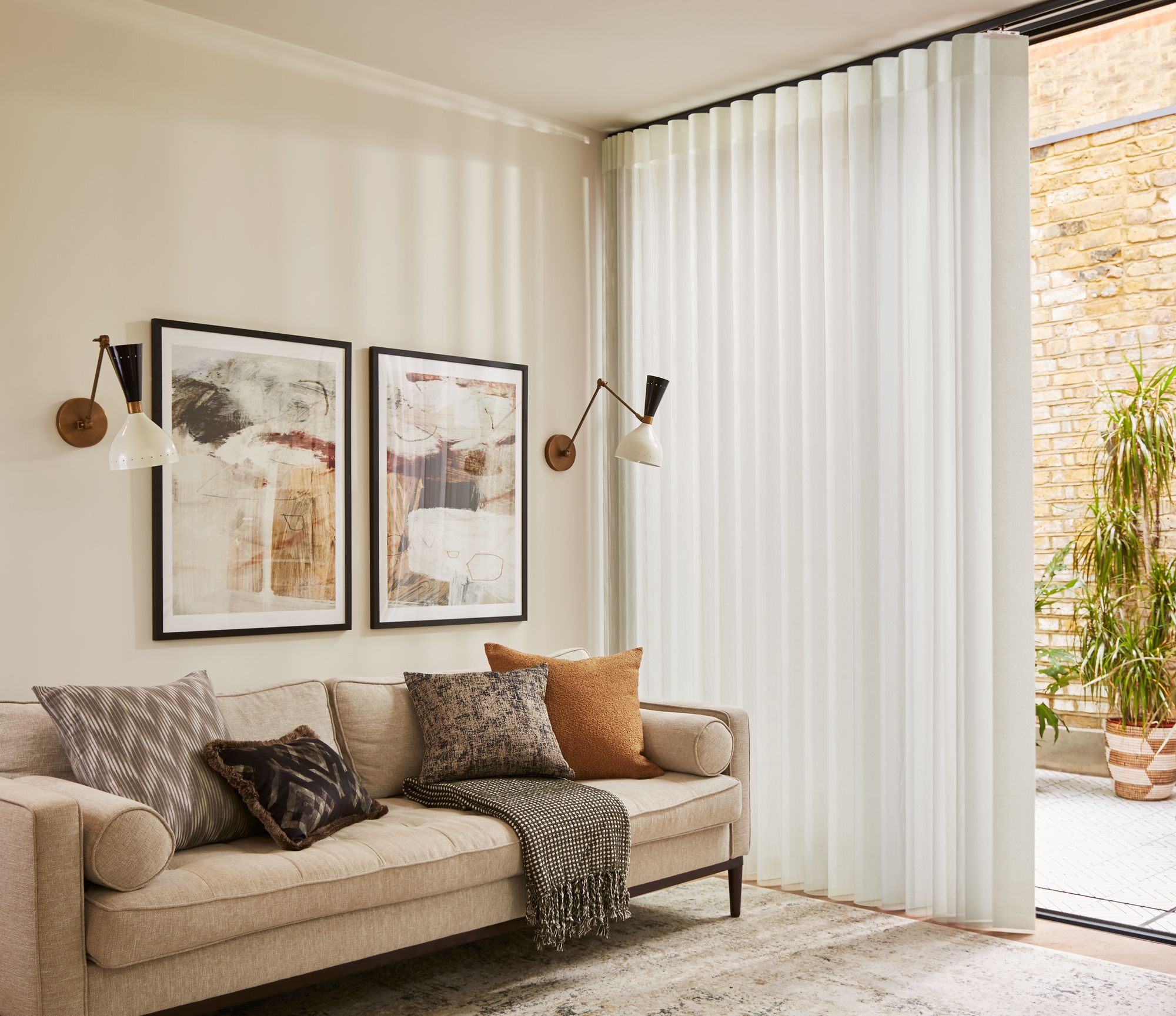 Diffused blind showing operation and ability to walk through when closed