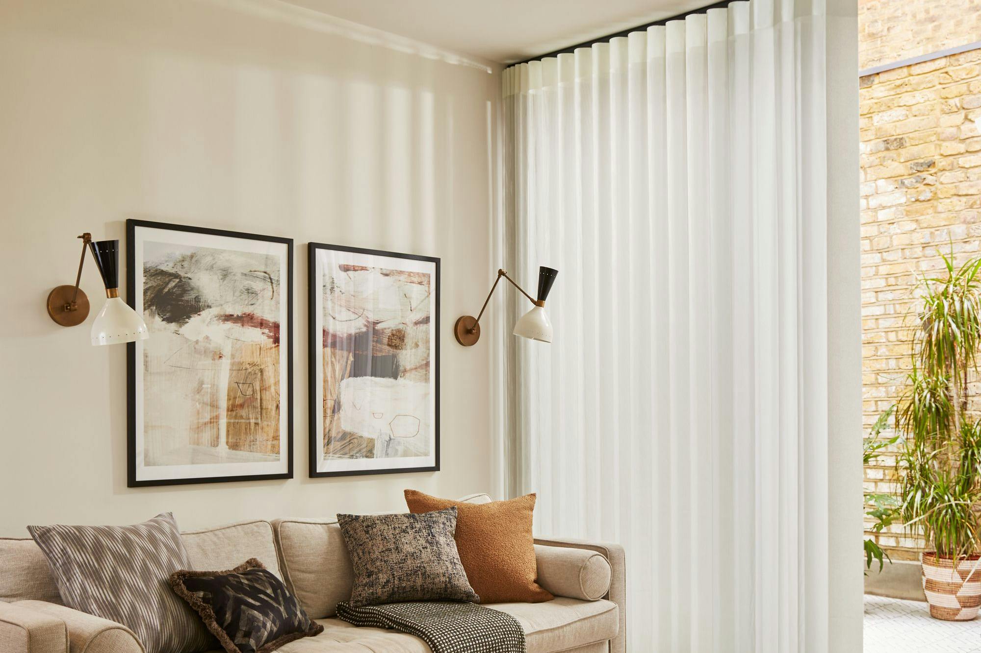 Diffused blind showing operation and ability to walk through when closed