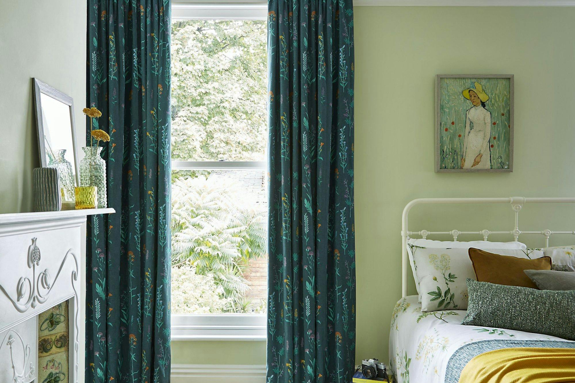 Botanical Bayberry full length pencil pleat curtains in spring/floral themed bedroom