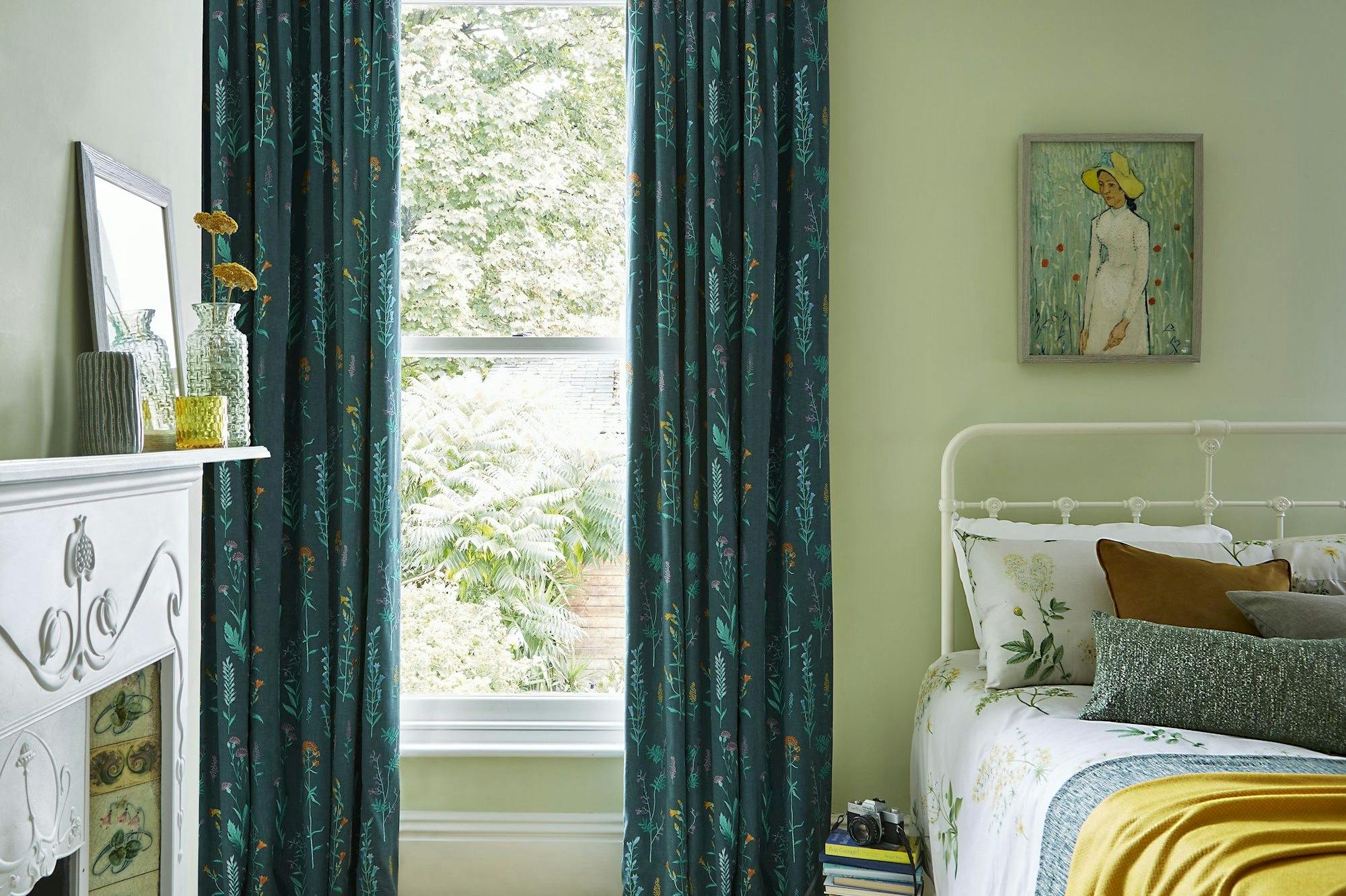 Botanical Bayberry full length pencil pleat curtains in spring/floral themed bedroom