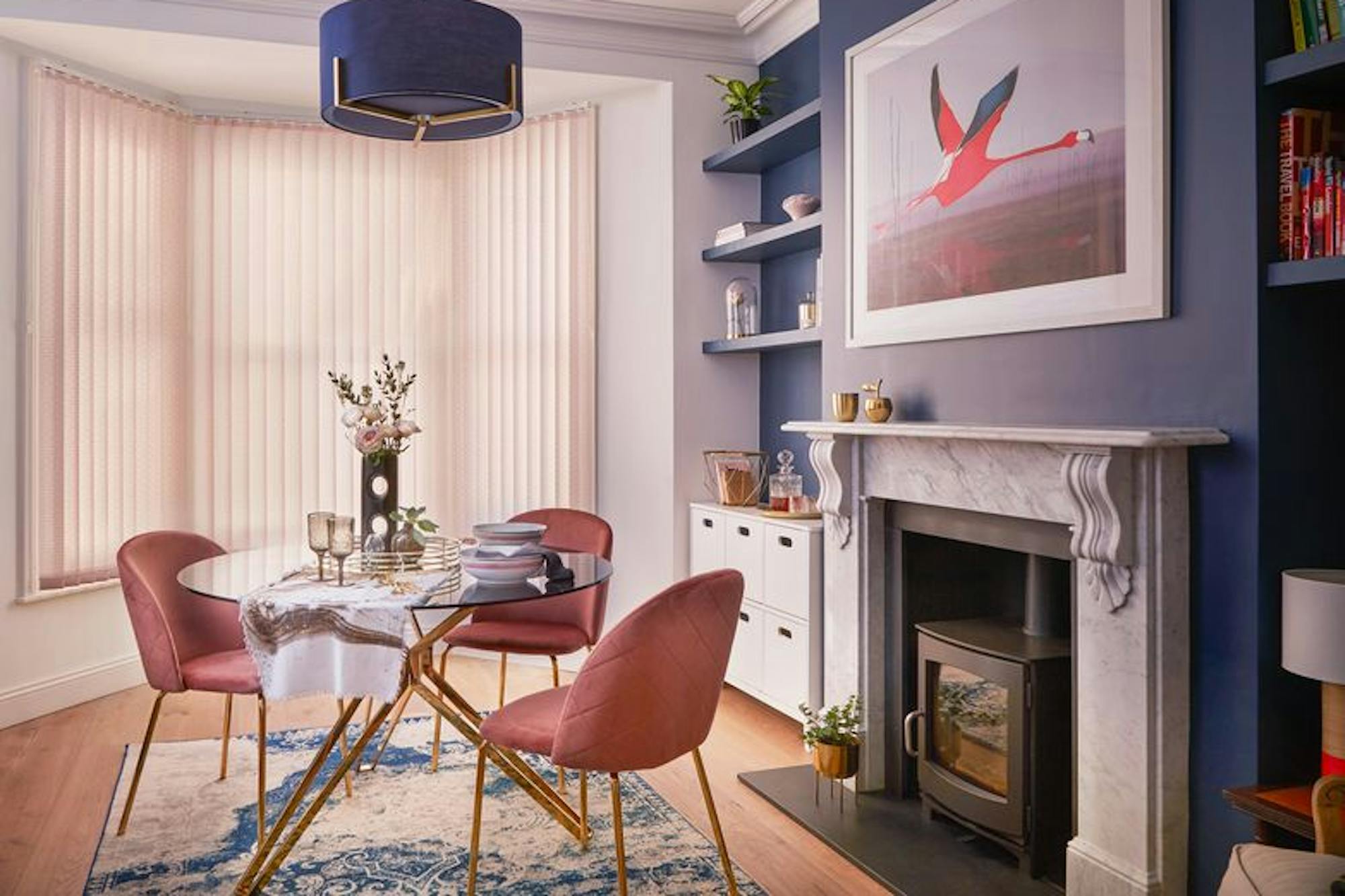 cream vertical blinds in a modern dining room window
