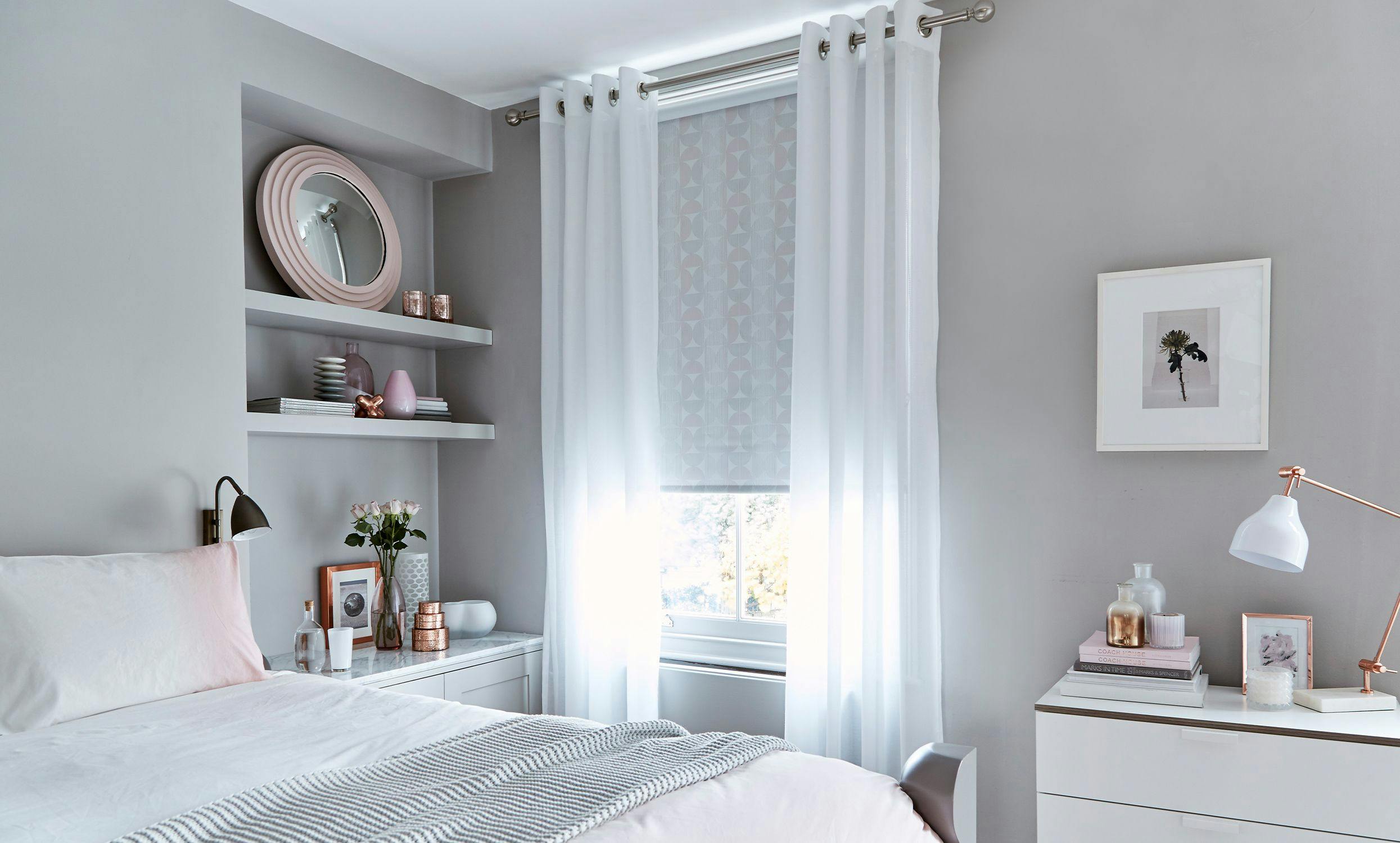 Astro White Voile Curtain and Chrome Curtains in bedroom