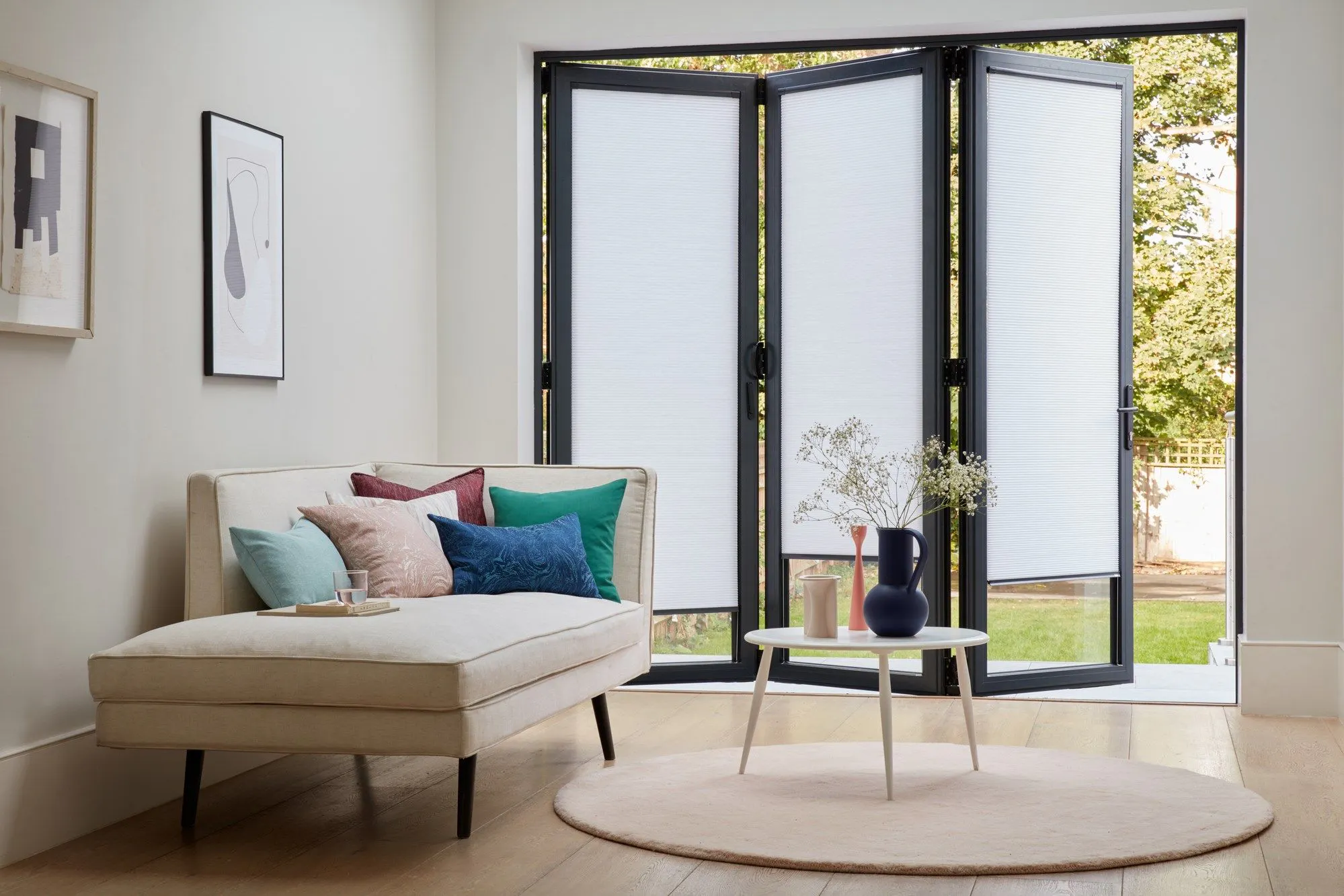 White Pleated blinds dressed on bifold doors. Block colour cushions on cream corner sofa bed, Doors are open.