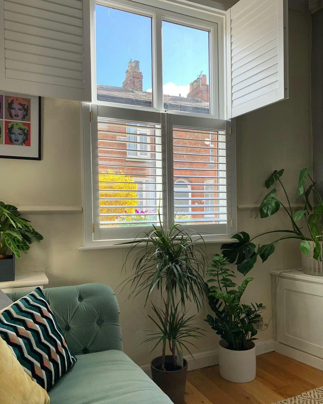 White tier on tier shutters with tilt bars in living room
