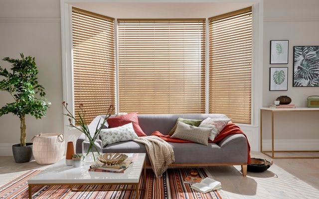 A gray sofa holds colorful cushions and a throw, positioned in a sunlit room with large, wooden-blinded windows. Nearby, a coffee table displays books, a plant, and decor.