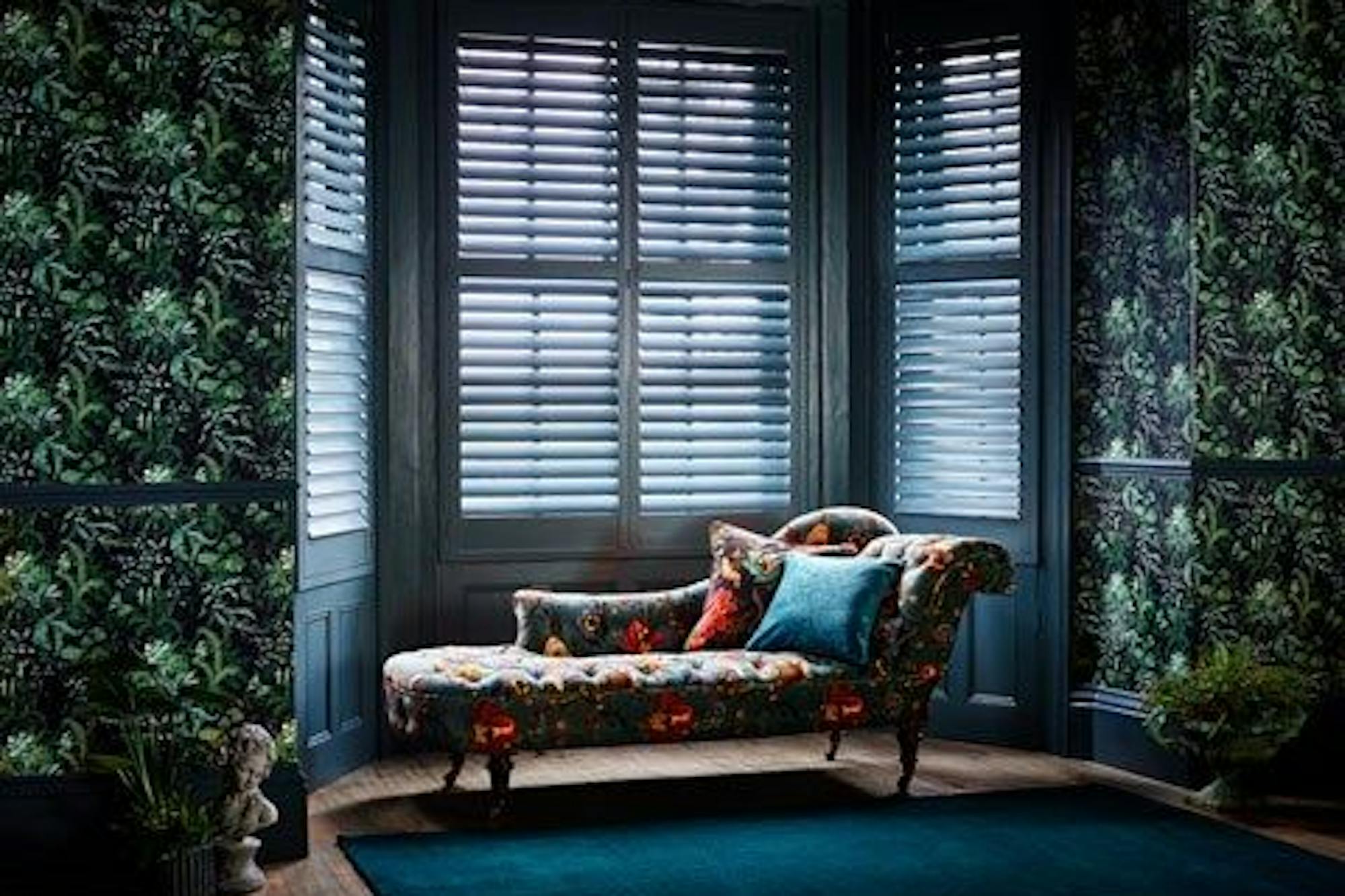 Custom colour blue shutters in a luxe room