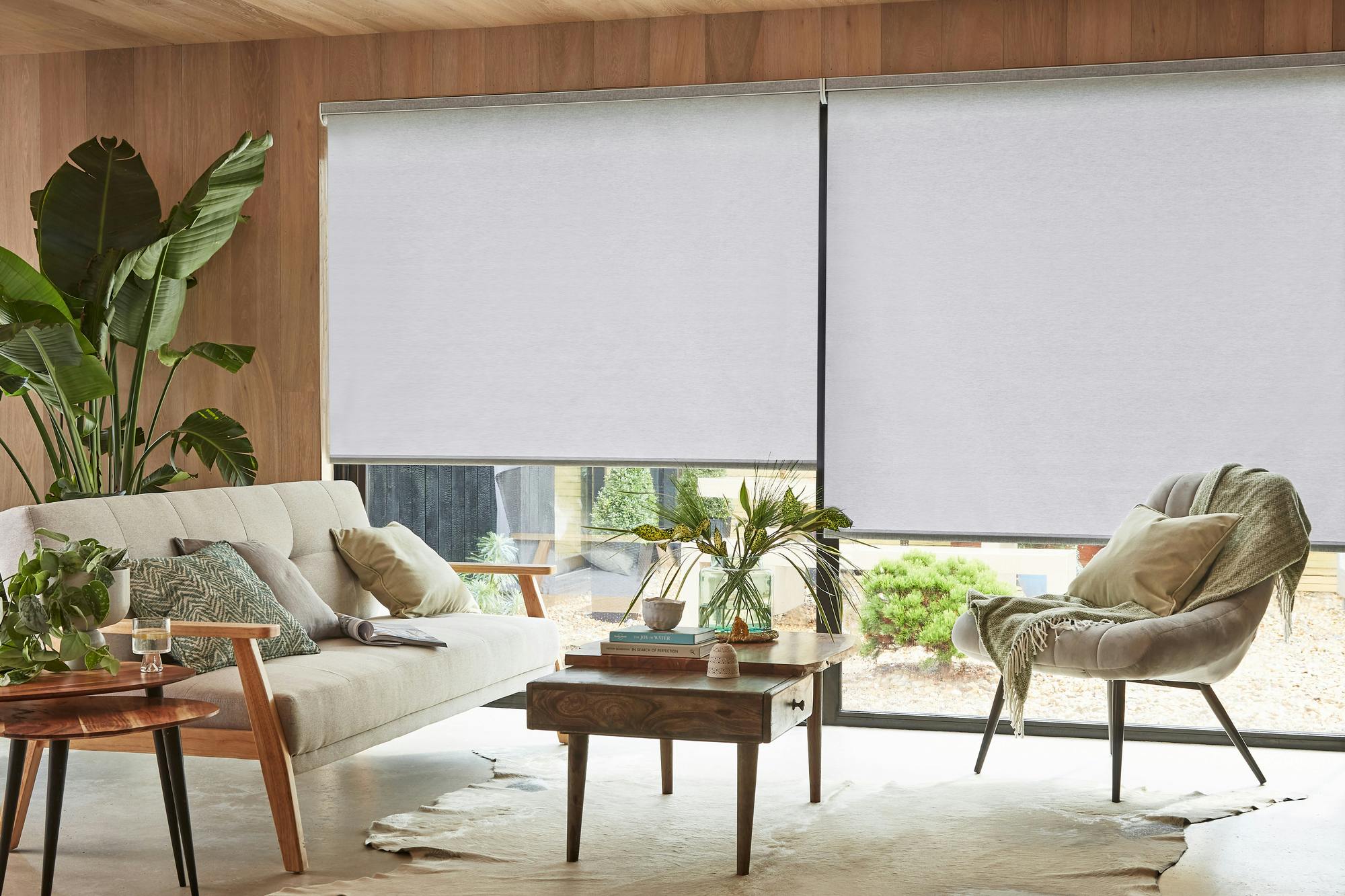 Living room with wall cladding in mid wood tones, large window and patio doors dressed in pale dove grey roller blinds, lowered roughly halfway, cream and wood couch, cream chair with throw, cushions in natural tones, large animal-skin rug in neutral hues, small wooden coffee table, in centre, floor to ceiling leafy plant in rear corner. 