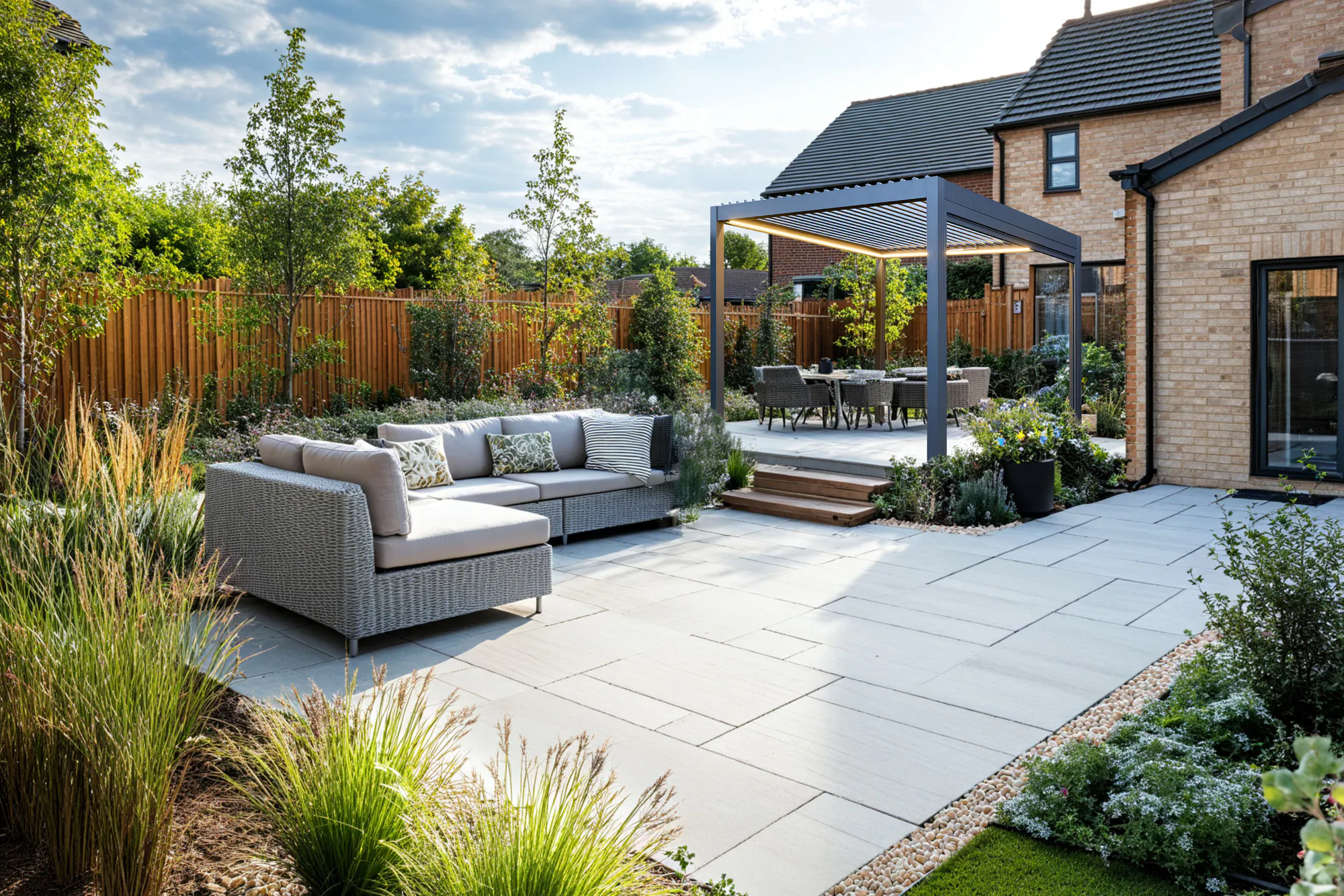 Exterior of a modern house, with a large paved patio down to a lawn and a freestanding grey pergola with fabric roof over four chairs and a table on a raised section of patio, with two grey rattan sofas at 90 degree angle with cream cushions.