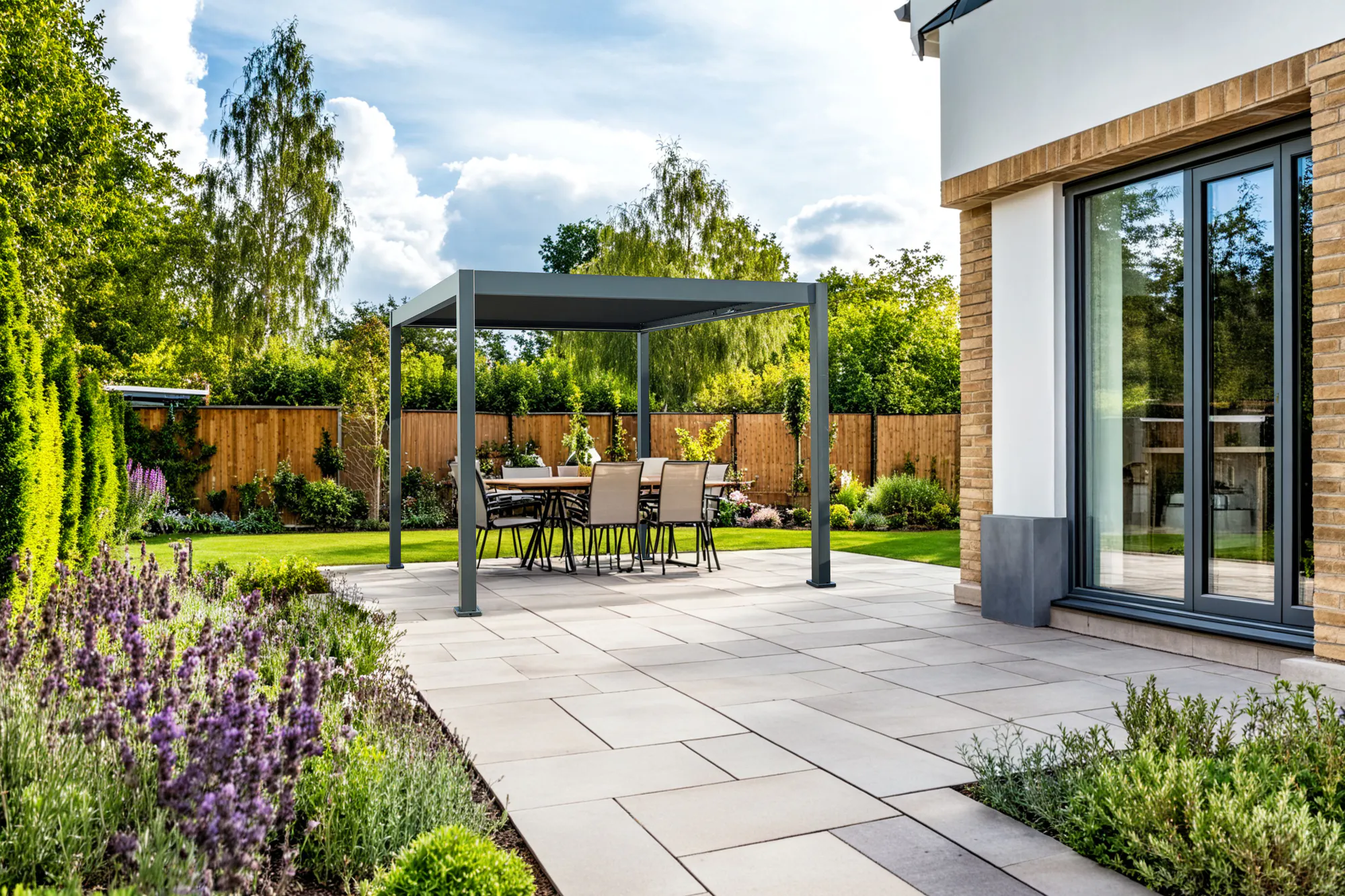 Exterior of a modern house, with a large paved patio surrounded by a lawn and flower beds and a freestanding grey pergola with fabric roof over four chairs and a table.