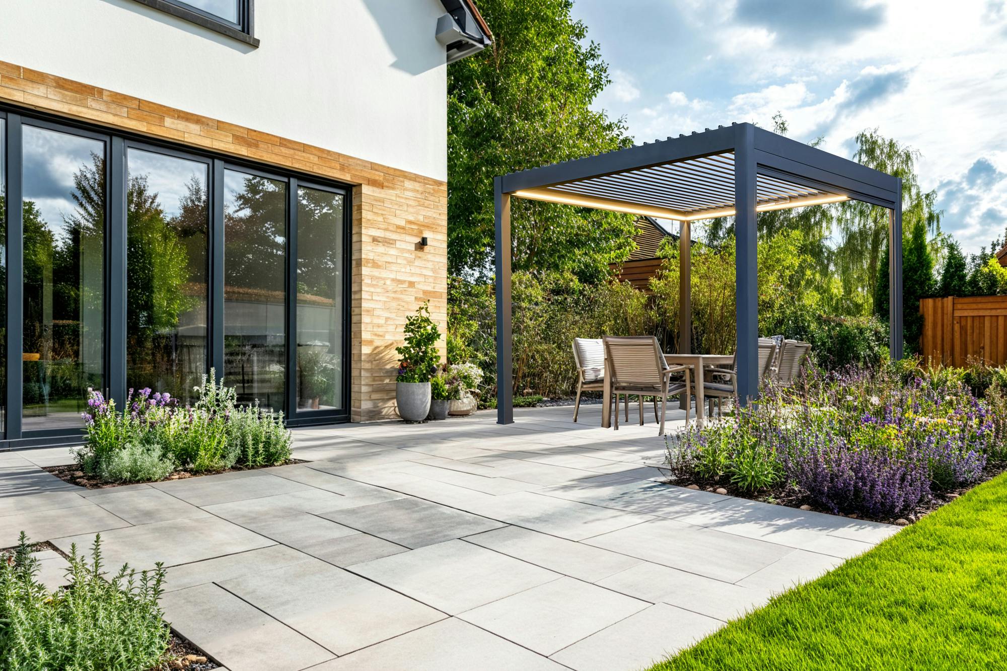 Exterior of a modern house, with a large paved patio down to a lawn with small inset flower beds at random points in the patio and a freestanding grey pergola with fabric roof over four chairs and a table.