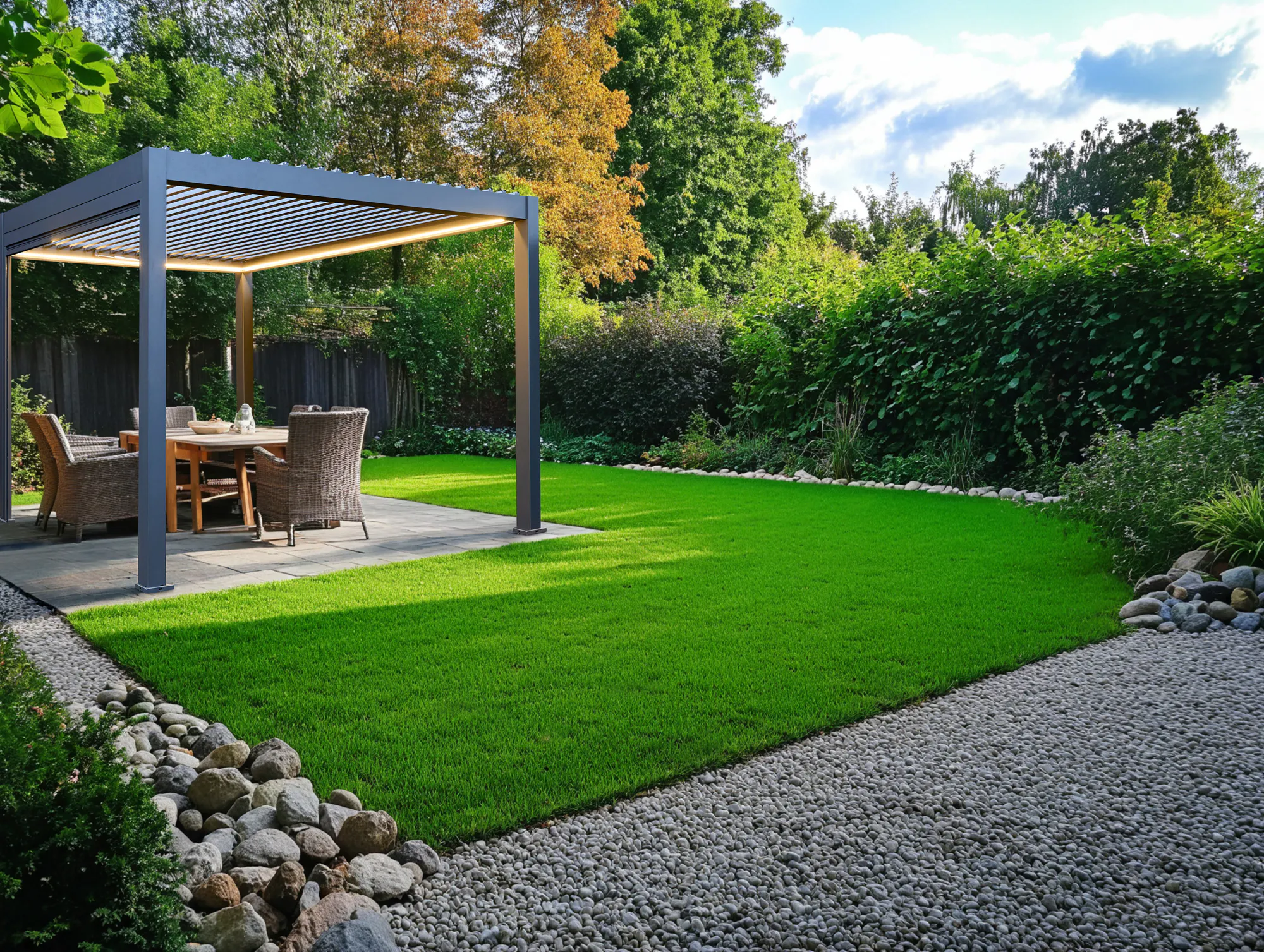 Garden exterior with paved patio surrounded by a lawn and on the patio a freestanding grey pergola with fabric roof over four chairs and a table.
