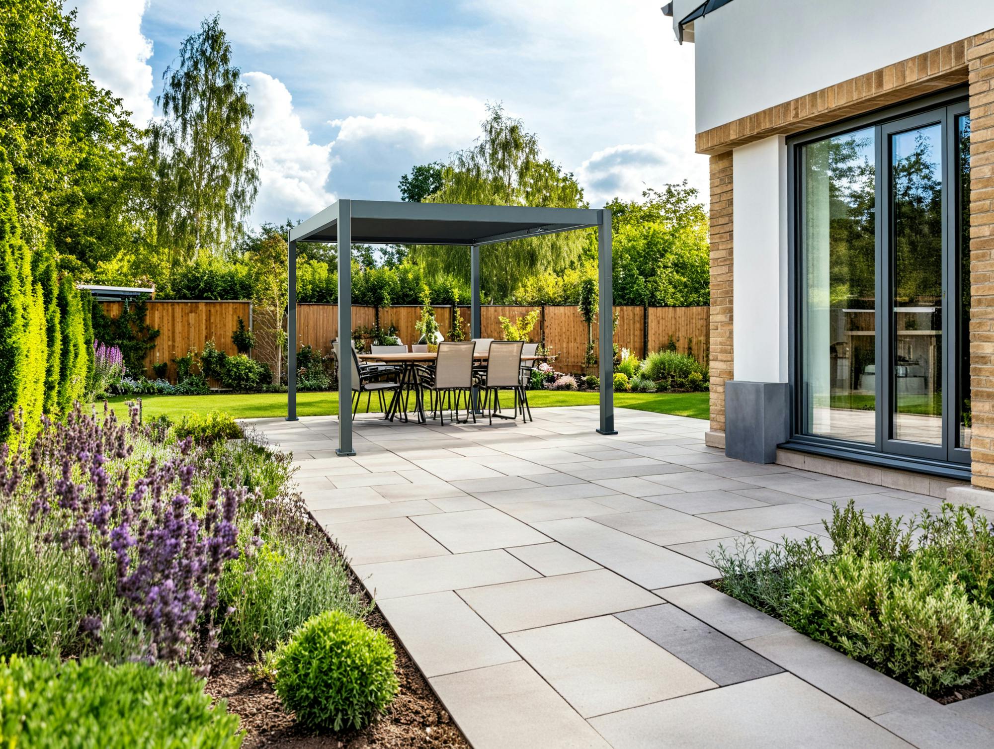 Exterior of a modern house, with a large paved patio surrounded by a lawn and flower beds and a freestanding grey pergola with fabric roof over four chairs and a table.