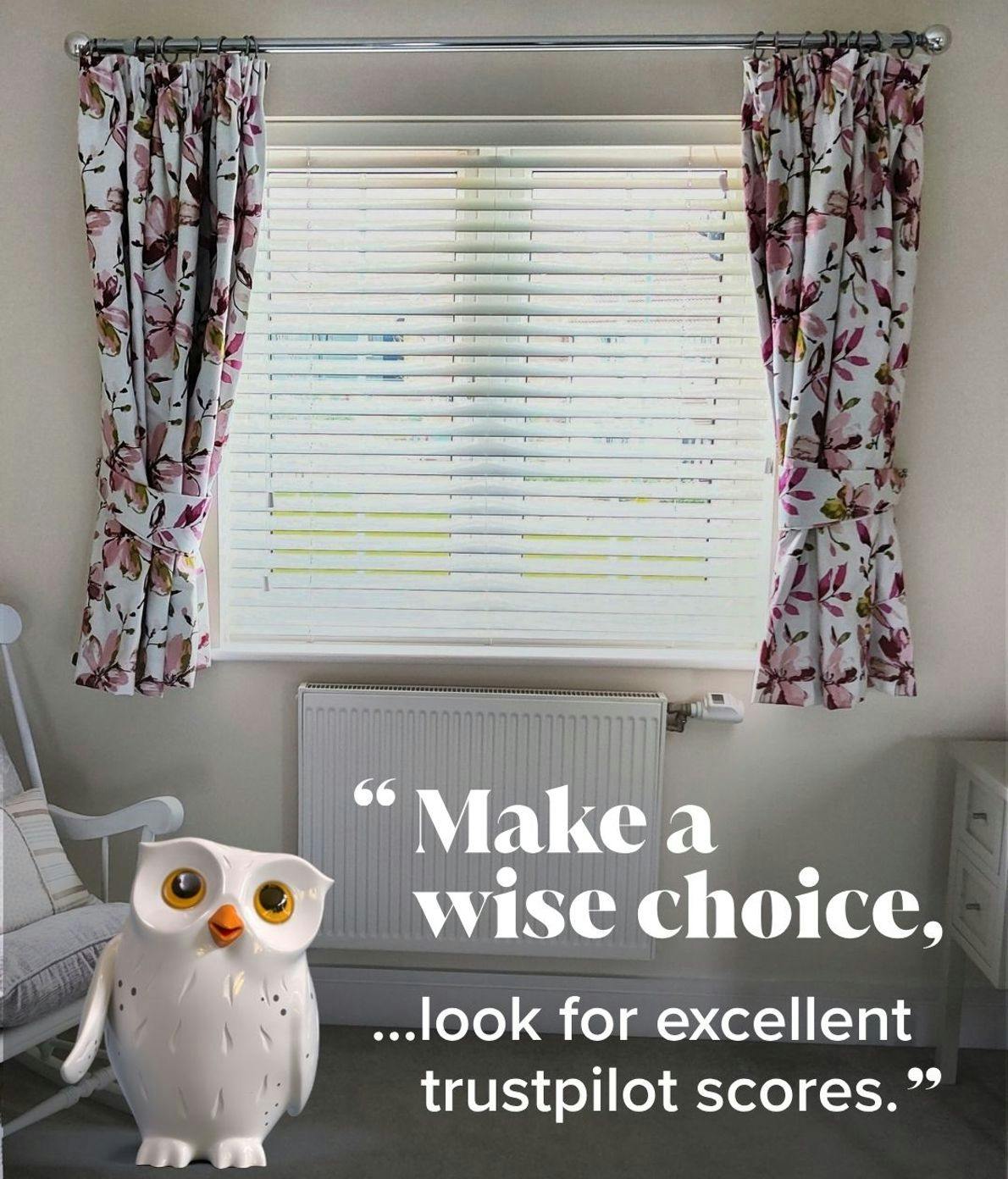 Patterned Pencil pleat curtains on a window in a light bedroom, Window Wise owl giving an advice to make a wise choice