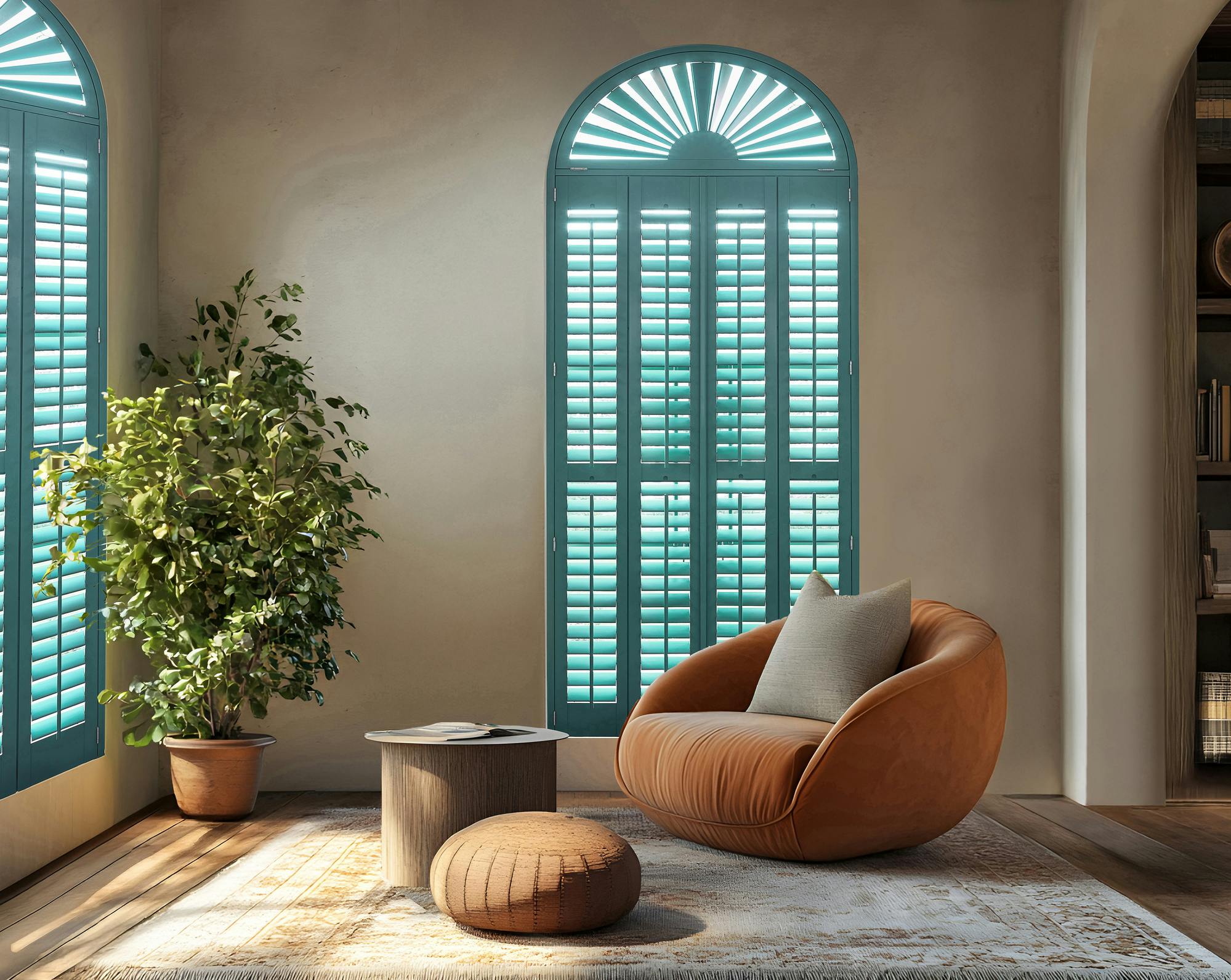 Living room with mink walls, two tall arched windows on adjacent walls dressed in teal shutters, closed with louvres open, terracotta beanbag-style chair, matching pouffe and pedestal wooden side table all on a traditional Turkish-style rug in matching muted hues, ficus in terracotta pot in corner.