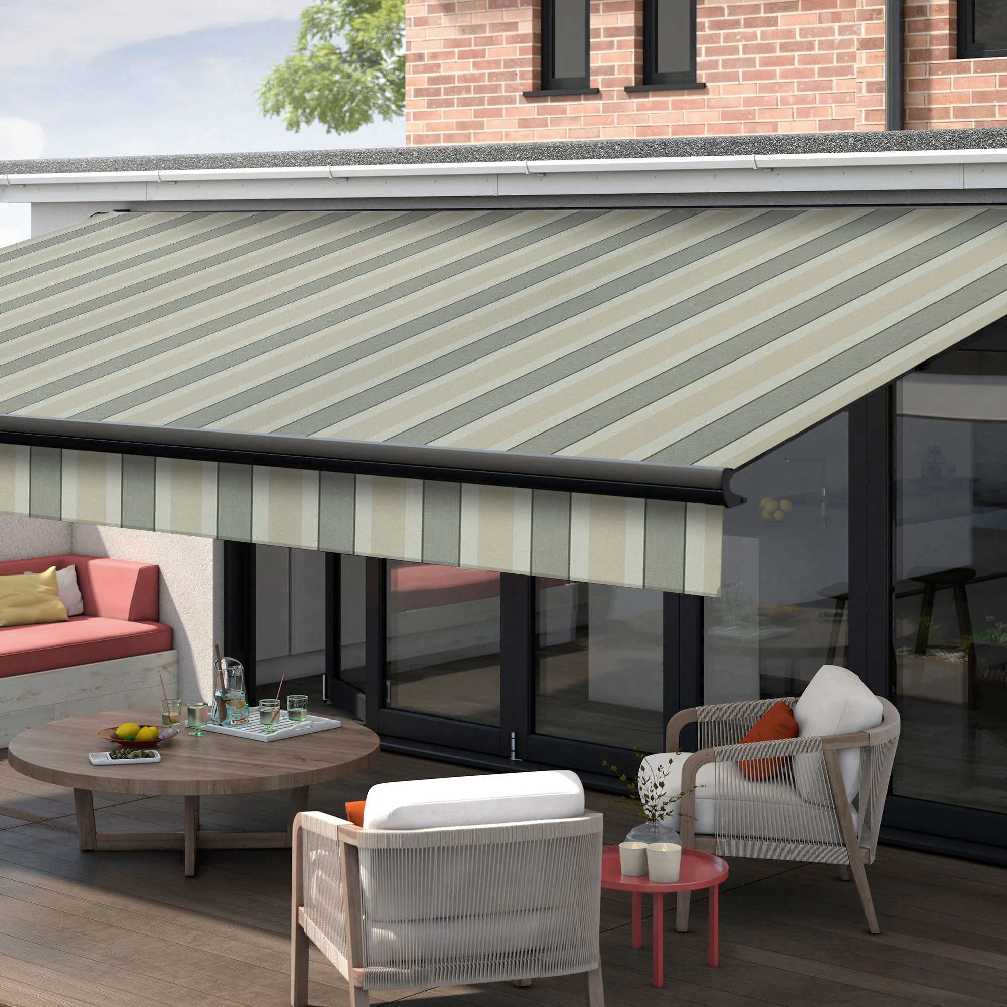 Muted sage‑green striped awning extended over the same patio area in a garden setting.