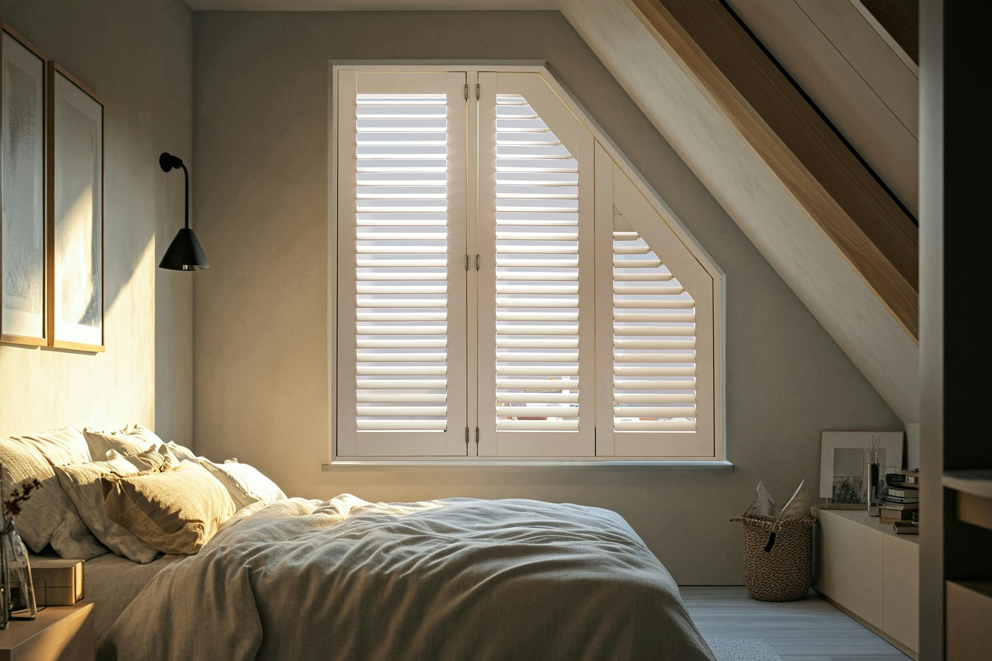 A shaped window with white full height shutters fitted to the window