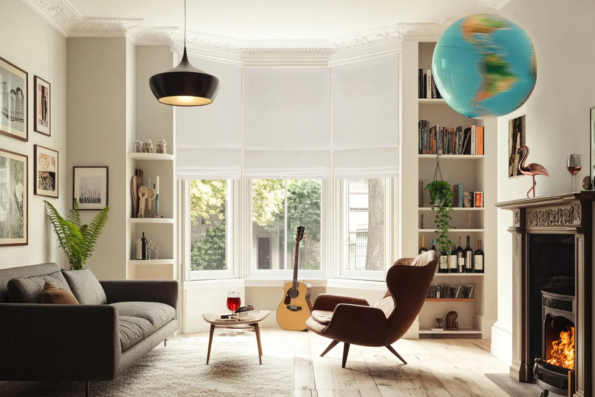 Cream living room with bay window dressed in three Roman blinds in white, all lowered halfway, brown sofa to left on a beige rug, sepia prints on wall behind, built-in shelving at windows, real fire on right wall, lit, eames-style chair opposite sofa, acoustic guitar in bay window, pale wood floor, spinning globe and brown pendant light from ceiling.