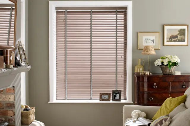 Brown shutters on a window in a modern living room 