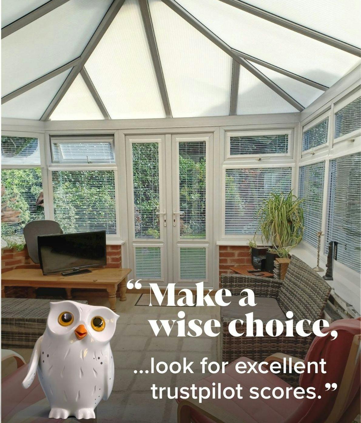 White conservatory roof blinds on a roof and a Window Wise owl giving an advice