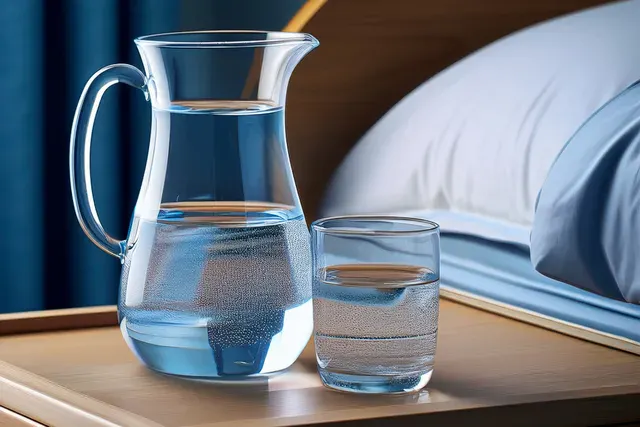 A jug of water and a glass on a side table in a bedroom
