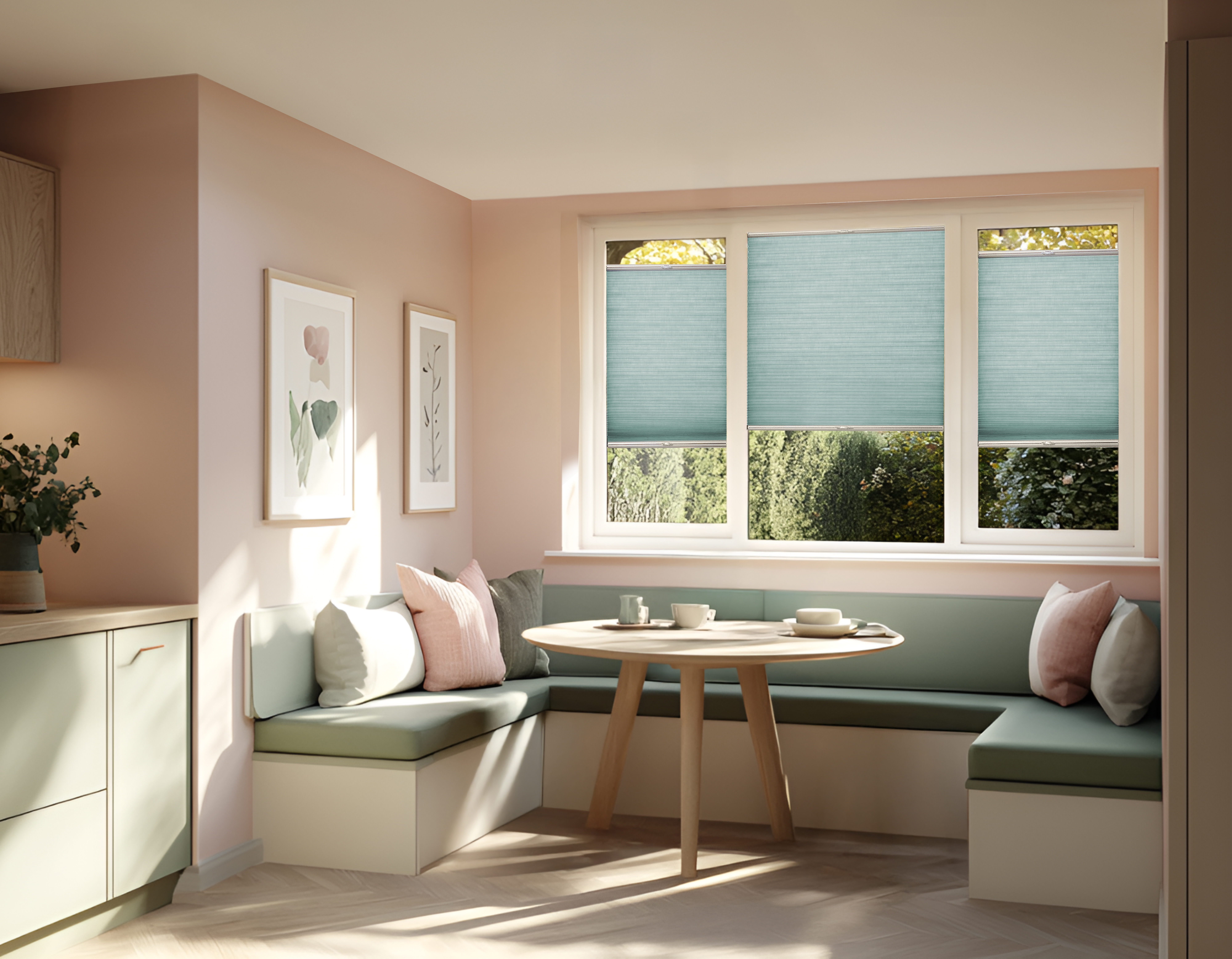 Neutral dining area with set of three windows together, all dressed in three mid blue duette blinds fitted within the frame, middle lowered halfway, outer blinds partly lowered at top and partly raised at bottom, banquette seating with round table.