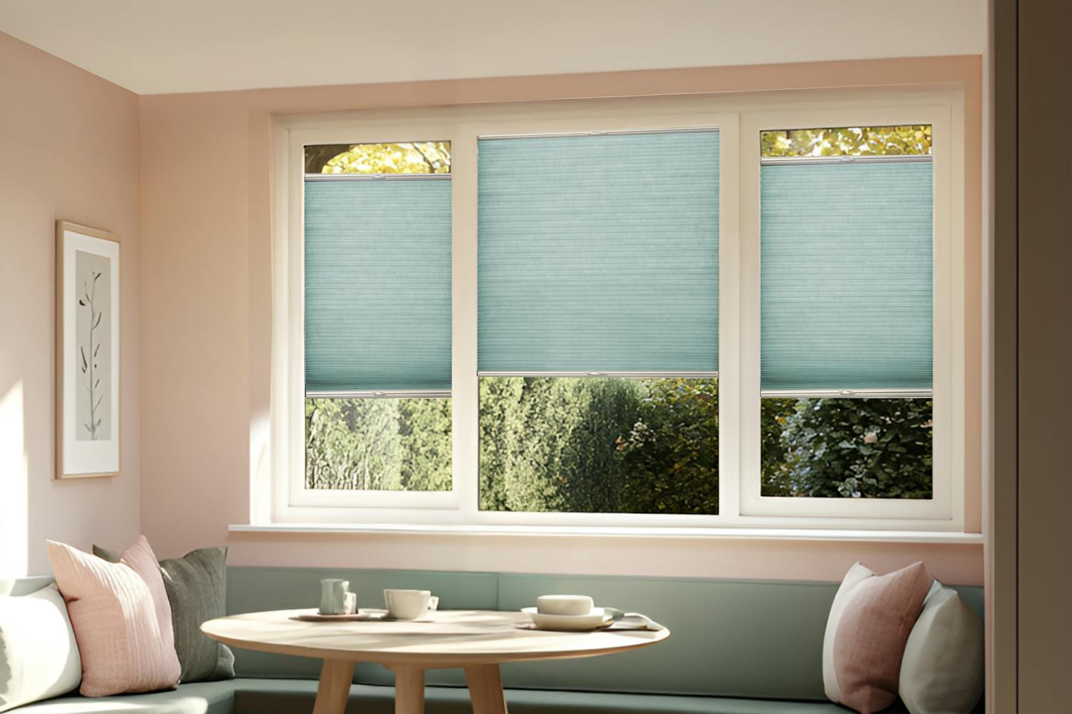 Neutral dining area with set of three windows together, all dressed in three mid blue duette blinds fitted within the frame, middle lowered halfway, outer blinds partly lowered at top and partly raised at bottom, banquette seating with round table.